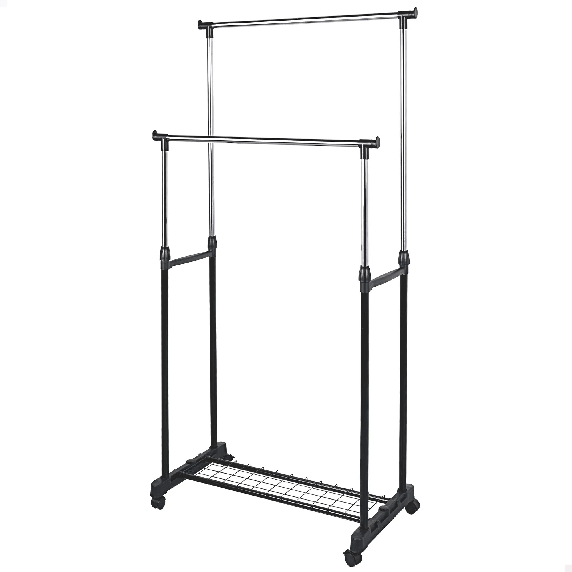 Max Home - Perchero de ropa altura ajustable, con balda para zapatos, Con ruedas, doble barra,  moderno, negro y acero, minimalista