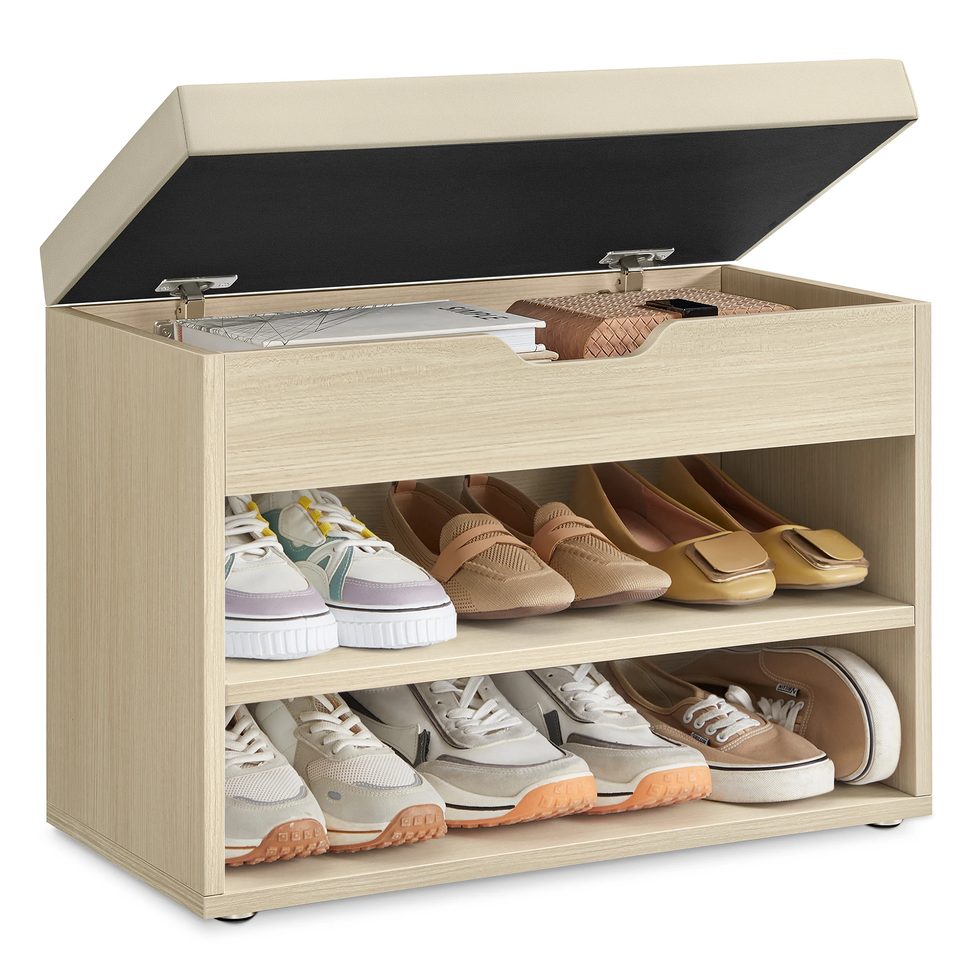 VASAGLE Banco Zapatero, Mueble Zapatero con Asiento Tapizado, Banco Recibidor con 3 Compartimentos y Asiento Acolchado, 30 x 60 x 44 cm, para Entrada Dormitorio Sala de Estar, Beige Natural/Blanco Nube/Marrón Rústico