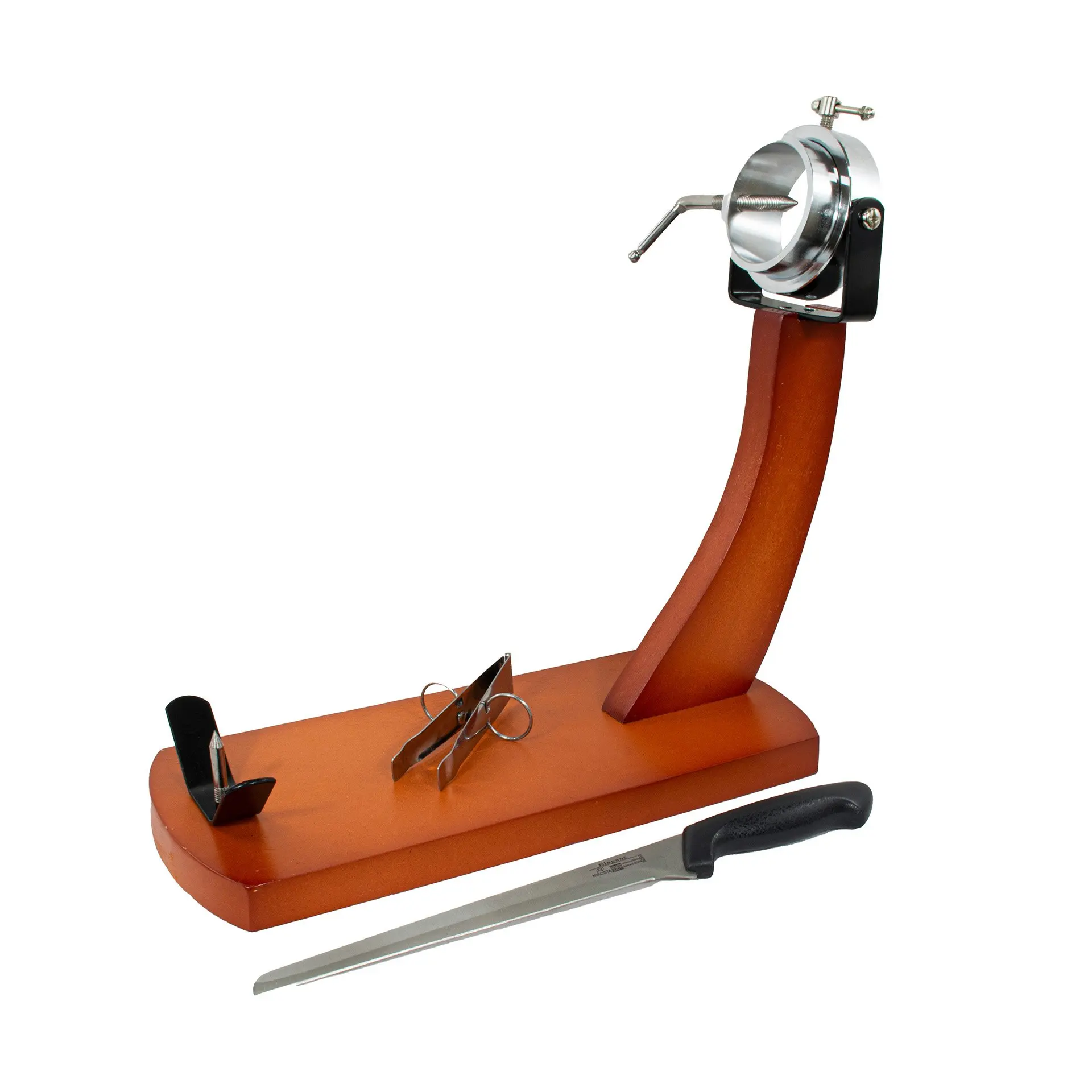 Fackelmann Set Soporte Jamonero Giratorio de Madera de Pino, con Cuchillo Jamonero 34 cm Nirosta Elegant de Acero Inoxidable y Pinza para Jamón 11 cm de Acero Inoxidable
