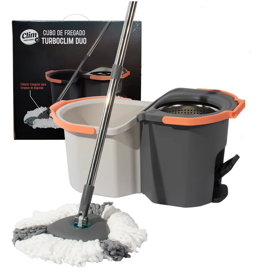 Cubo doble con escurridor giratorio y fregona triangular con recambio TurboClim Duo de Clim profesional