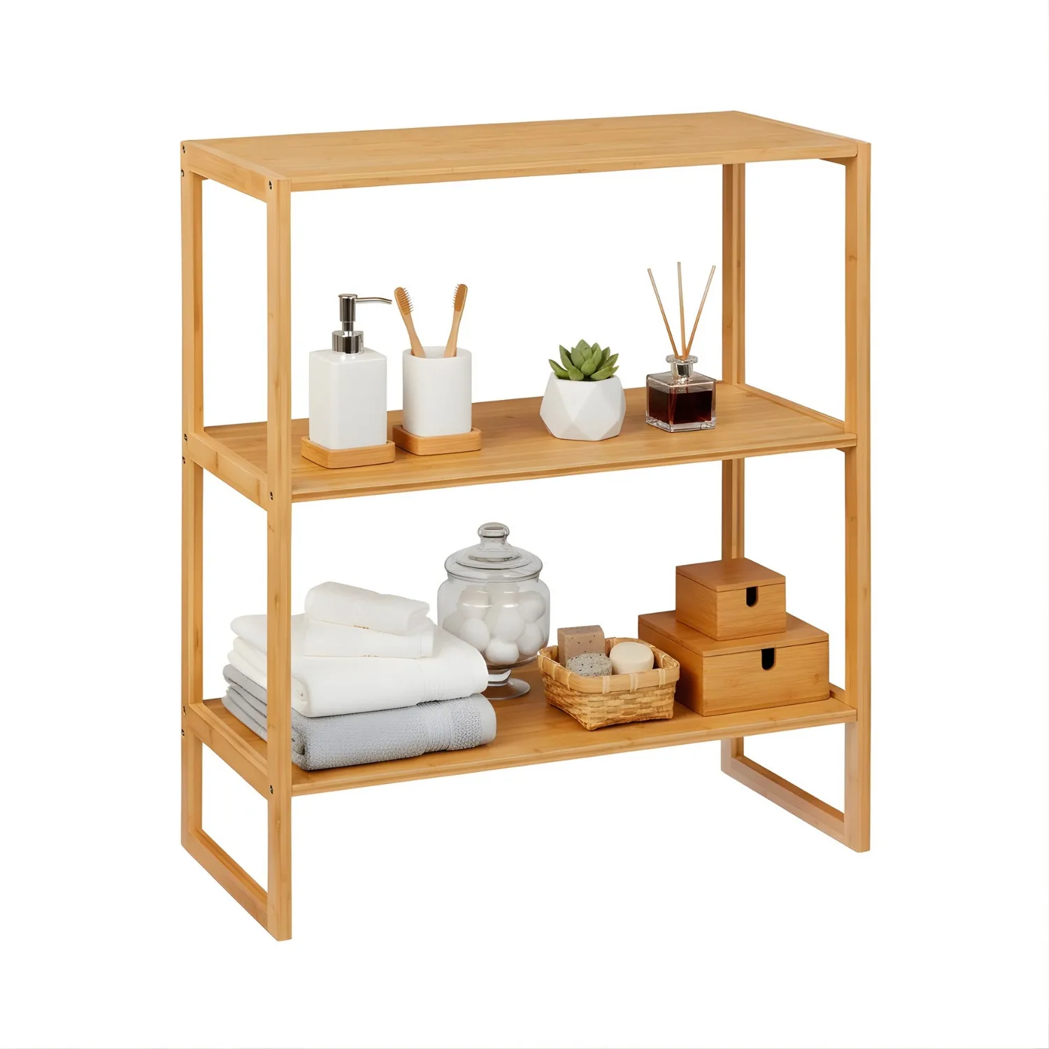 THINIA HOME - Estantería de Bambú Natural con 3 Estantes, Estantería Auxiliar para Baño, Cocina o Salón, Mueble Organizador Compacto, Estilo Nórdico, 69.6x20x84 cm