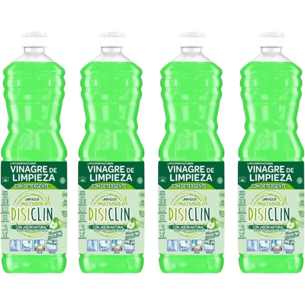 DISICLIN Vinagre de Limpieza Multiusos Con detergente y Aroma a Manzana 1.000ml (Pack 4) - Con jabon natural, Limpiador para todas las superficies, ideal para baños, cocinas, paredes, suelos, ventanas y cristales, Util para eliminar la cal y dar brillo