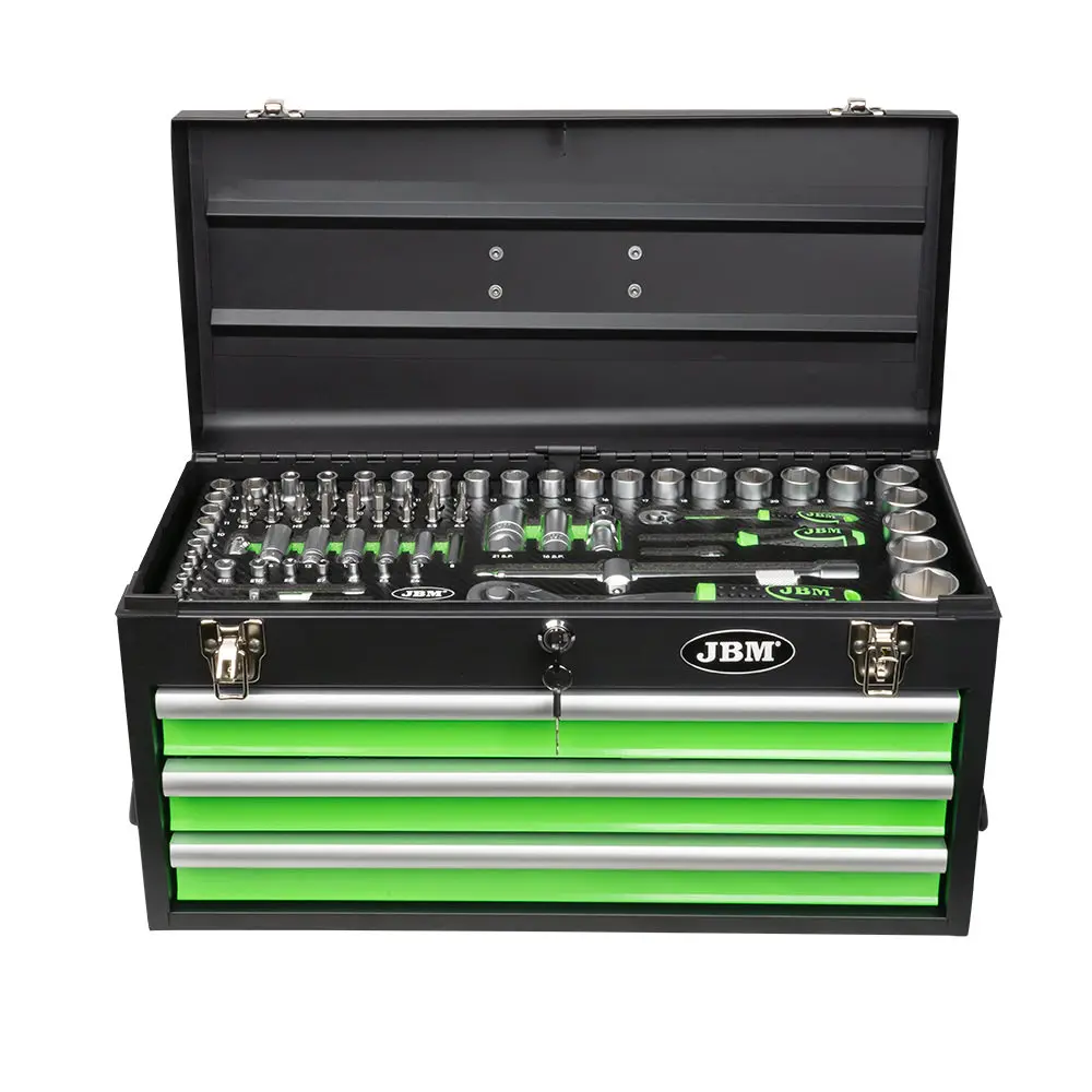 JBM metal tool box 143 cined parts metal toolbox [143 pieces] Metal professional metal toolbox with 4 drawers with central locking. The entire tool is distributed in 4 drawers.