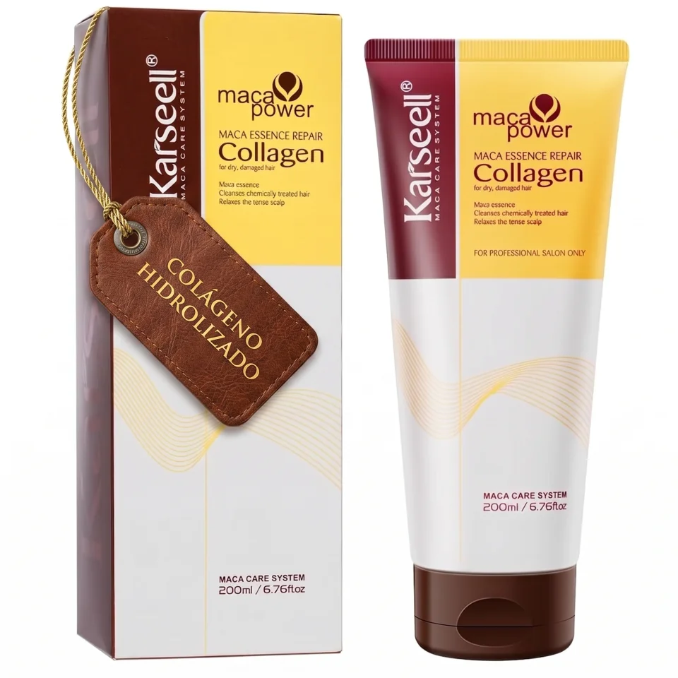 KARSEELL Mascarilla Capilar Colágeno Aceite de Coco Argán Maca Reparación Profunda Hidratación Intensa Anti-Frizz Cabello Seco y Dañado Brillo Intenso Profesional Formato Viaje Gimnasio 200ml