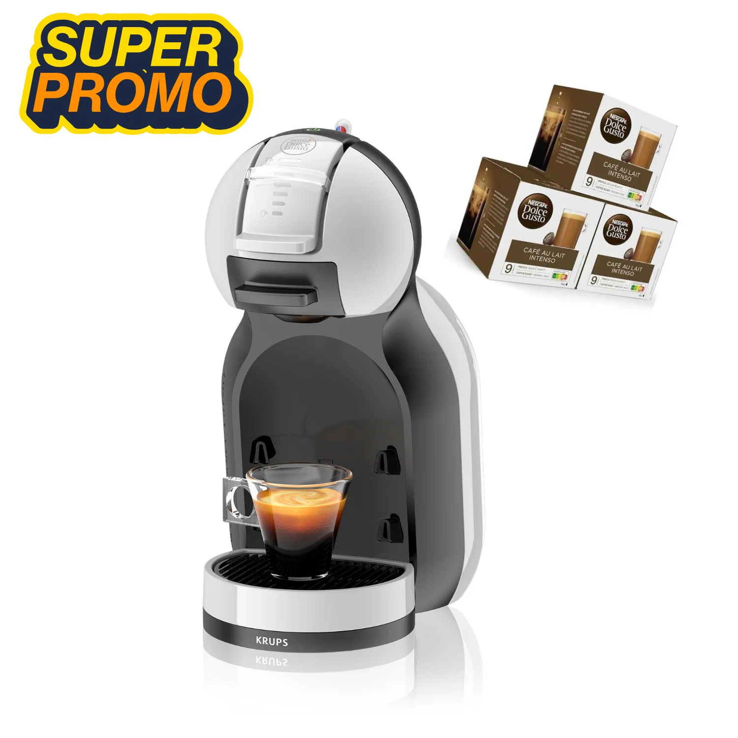 Krups Mini Me Dolce Gusto Coffee Maker, automatic 15-bar pressure, compact size 16x31x24 cm, uses coffee capsules, includes adjustable tray for various cup sizes, A energy efficiency, reusable filter, creates over 30 coffee varieties.