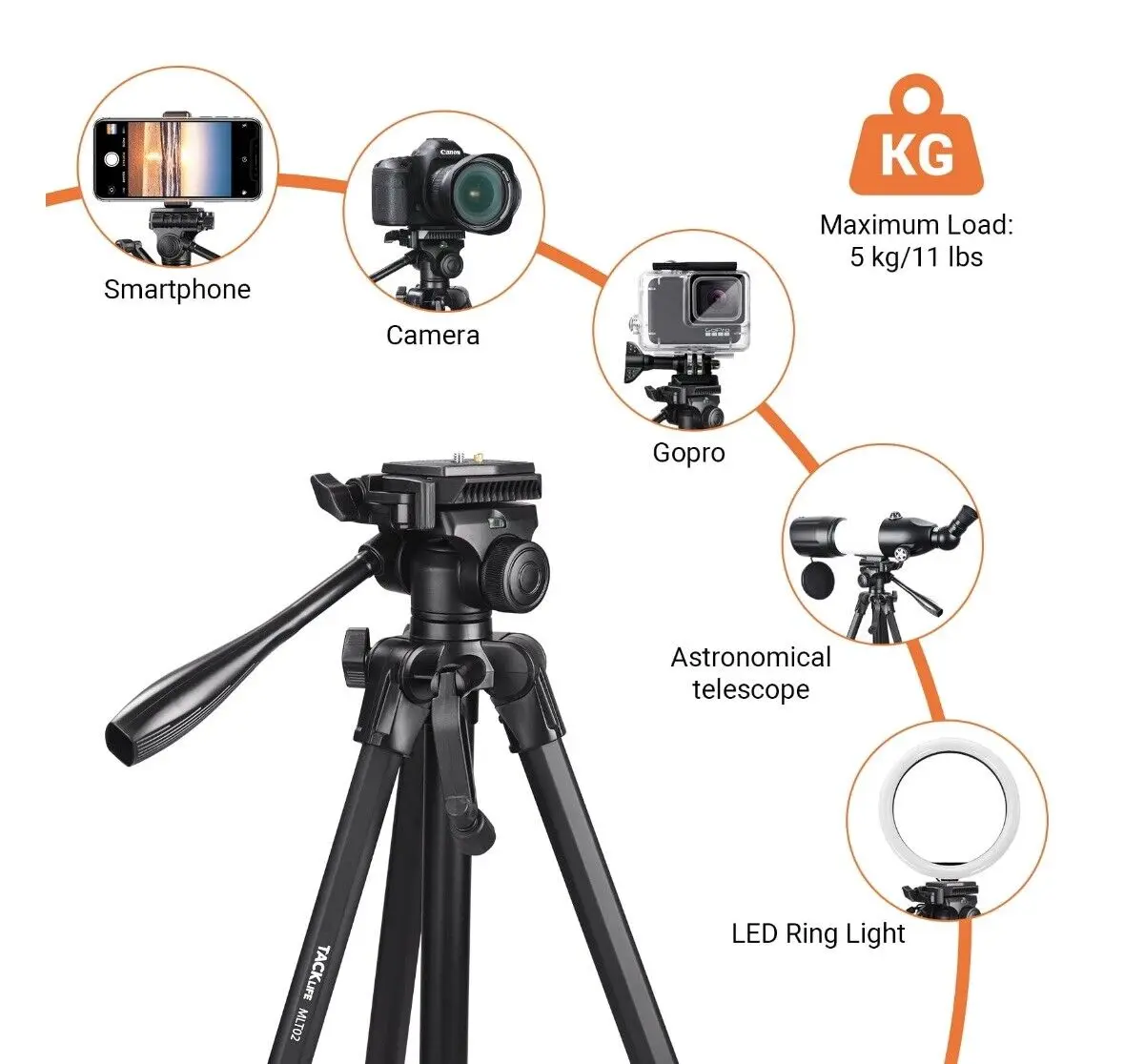 TACKLIFE MLT02 Trípode Liviano Portátil Bluetooth con Control Remoto y Base de Cámara Desmontable