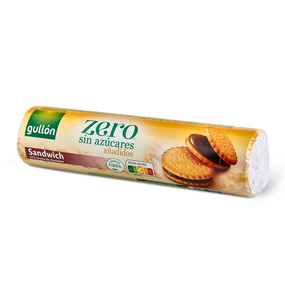 Gullón Galleta Sándwich Chocolate ZERO sin Azúcares - Caja con 18 unidades de 250g cada una - Sandwich de chocolate ZERO, unas deliciosas galletas con relleno de crema de cacao, sin azúcares añadidos y fuente de fibra