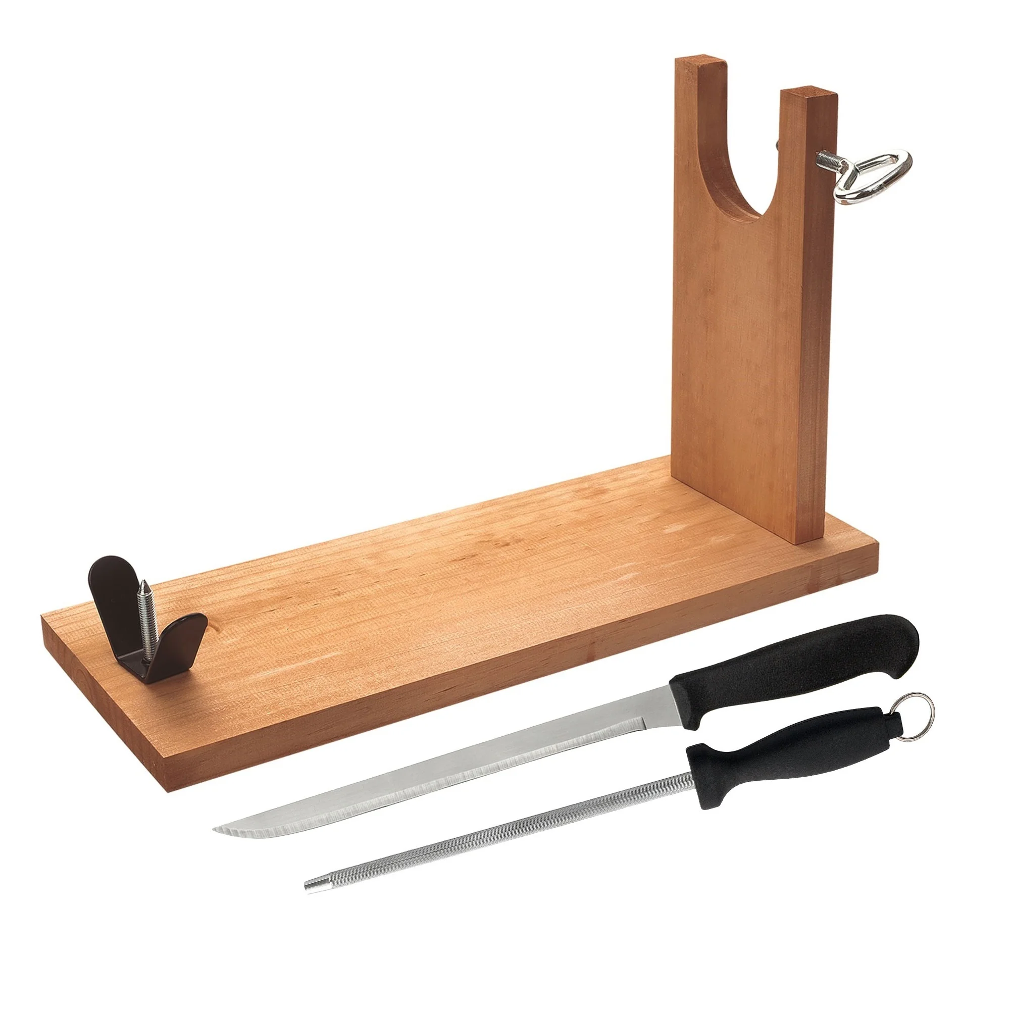 WellHome Jamonero de madera con herraje en V 40x16x23cm, pincho y fijación pezuña, set de cuchillo Jamonero (25cm) y Chaira (21cm) acero inoxidable alta calidad y funda