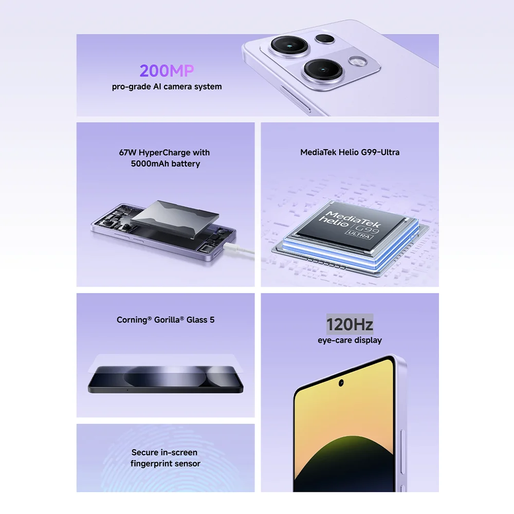 Redmi Note 14S 4G Mobile Phone, 8+256GB or 12+512GB, MediaTek Helio G99-Ultra Processor, 6.67'' AMOLED Display 120Hz, Triple Camera 200MP+8MP+2MP, 5000mAh Battery with 67W HyperCharge, IP64, Xiaomi HyperOS, NFC, Dual SIM.