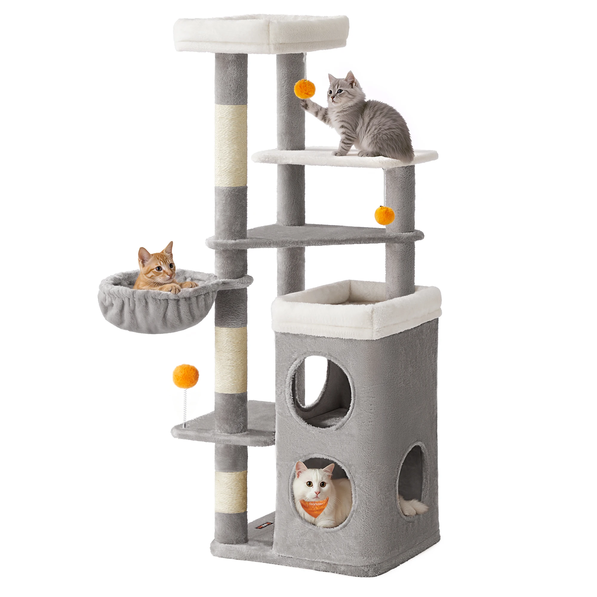 Feandrea Árbol Alto para Gatos, Altura de 152 cm, Rascador Multinivel con 2 Cuevas Grandes, una Hamaca, 3 Columnas para Arañarse, 3 Plataformas, Gris Paloma/Gris Oscuro