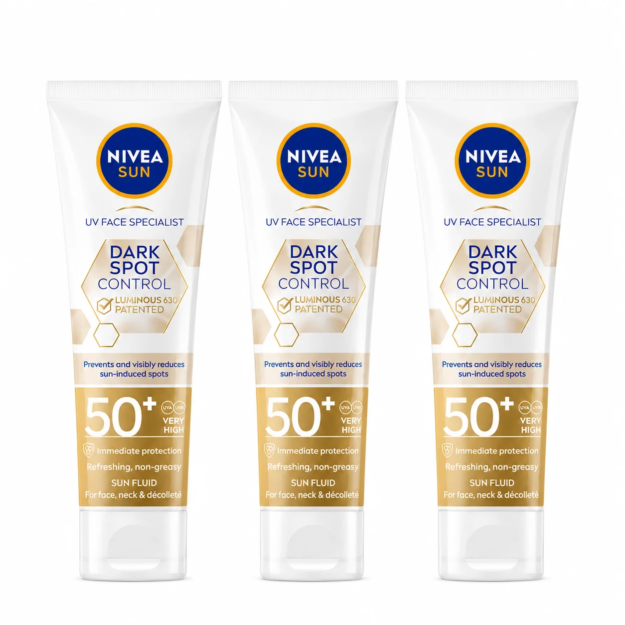 NIVEA SUN Pack ahorro Protección Facial Dark Spot Luminous 630 FP50+. Protección UV alta. Pack de 3 unidades