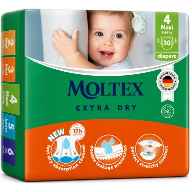 Moltex Extra Dry Talla 4 (9-14 kg) 30 Pañales – Alta Absorción y Protección para el Día a Día Moltex