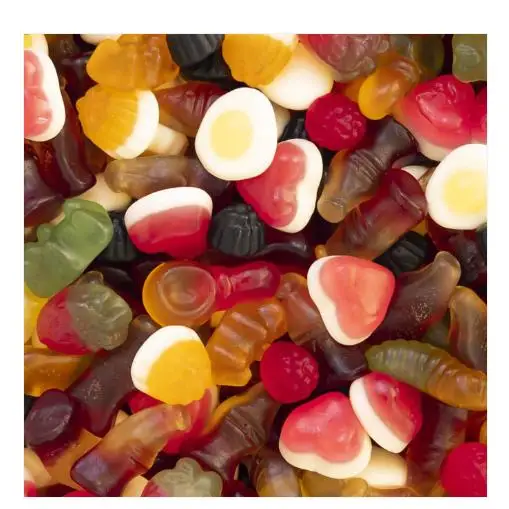 VIDAL Fab Mix bolsa de 1Kg aprox 386 uds brillo Compuesto por una gran variedad de piezas y sabores como osos, moras, botellas, huevos fritos... tamaño mini sabor a Fresa, naranja y tutti sin gluten