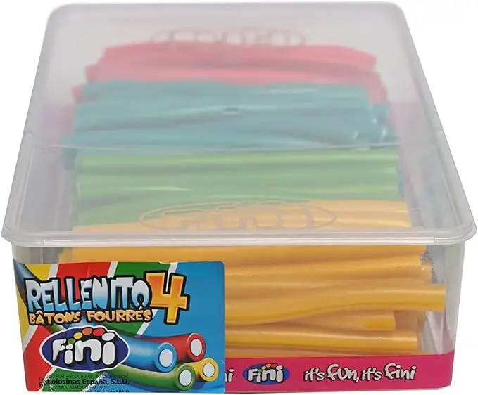 Fini Rellenitos 4 Colores Brillo | Regaliz Relleno | Estuche 200 Uds | Dulces de Alta Calidad | Diversión Asegurada