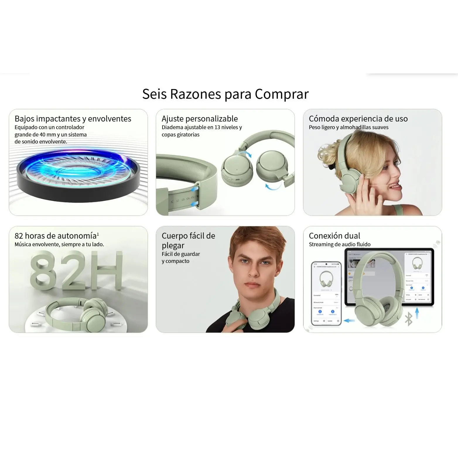 HONOR CHOICE Headphones Lite | Auriculares Batería de 82 horas, Controlador de 40 mm, Diseño plegable y ajustable, Bluetooth 5.4, Cancelación de ruido con IA, Conexión dual 3