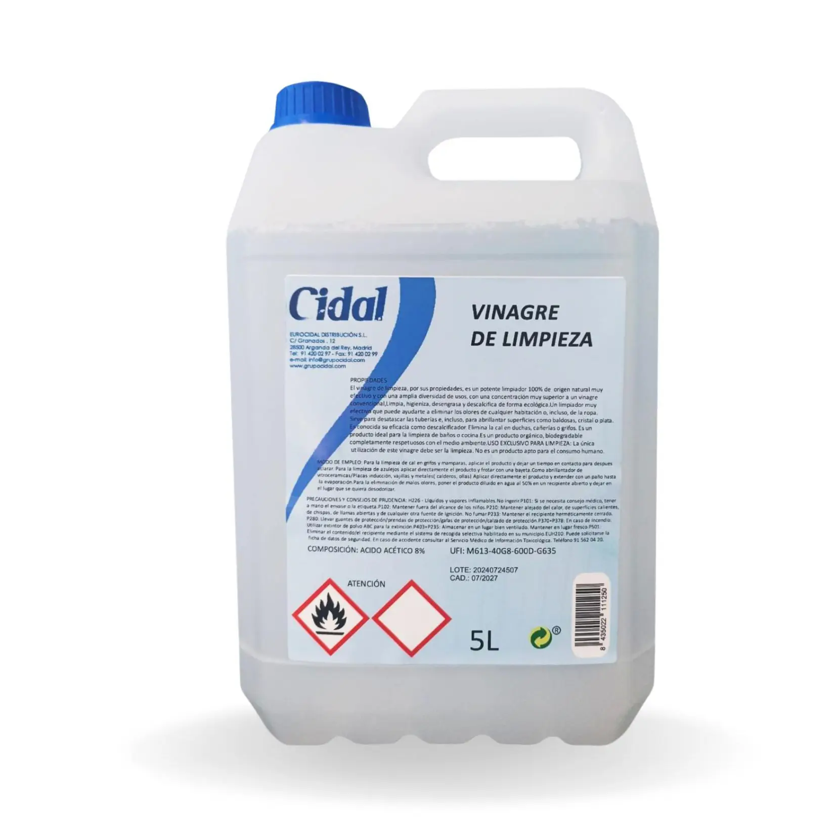 CIDAL Vinagre de Limpieza 5L - Potente Limpiador Natural Eficaz - Ecológico y Versátil