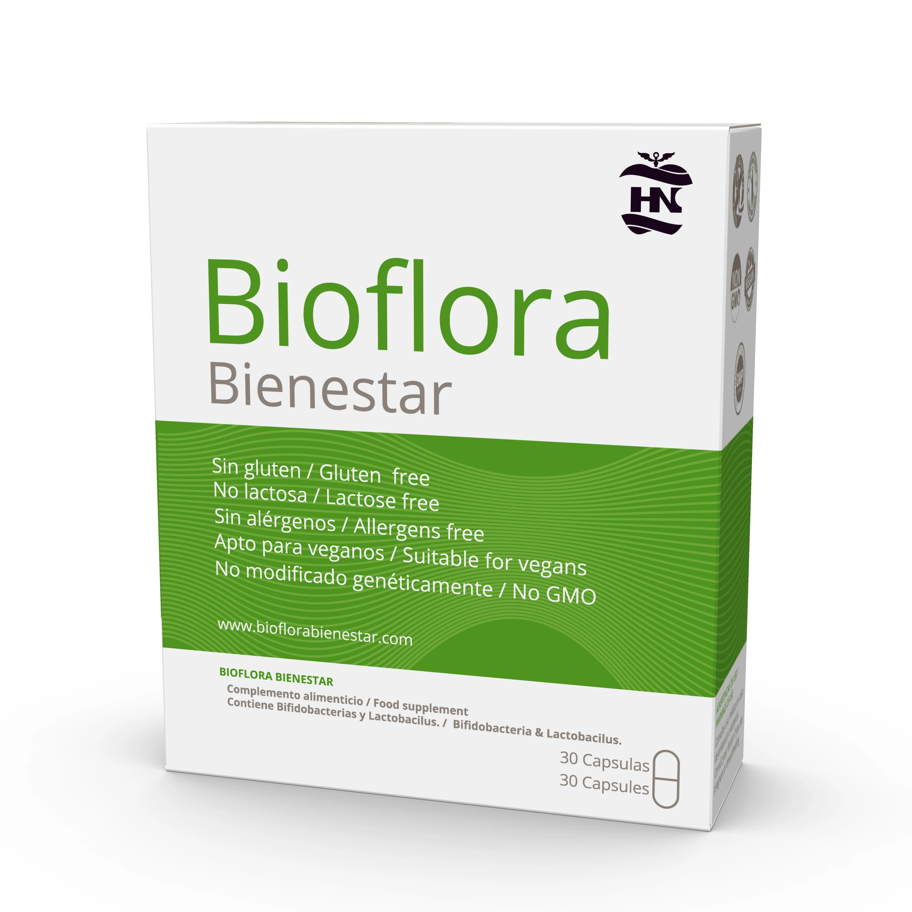 HN Healthy Nutrition - Bioflora Bienestar - Probiotico con bifidobacterias y alto contenido en fibra. Probiótico y prebiotico 10 mil millones de UFC – Fórmula Vegana – 30 capsulas 1 mes de duración