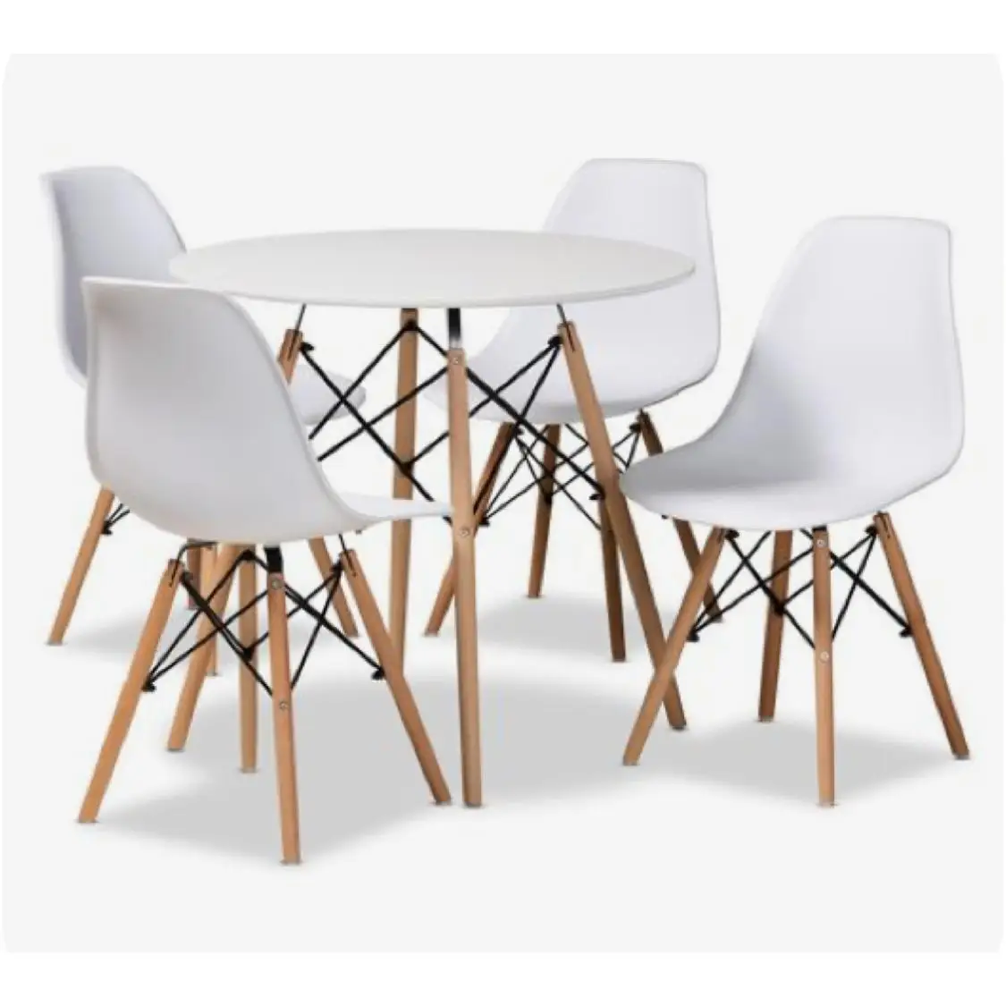 ORION91 Conjunto Mesa 4 Patas Blanca 80x80x76cm + 4 Sillas ORION91 Polipropileno Color Blanco y Patas en Madera Haya 46,5 x 48 x 82 cm Comedor Oficina Salón Teletrabajo Cocina – SpazioLuzio