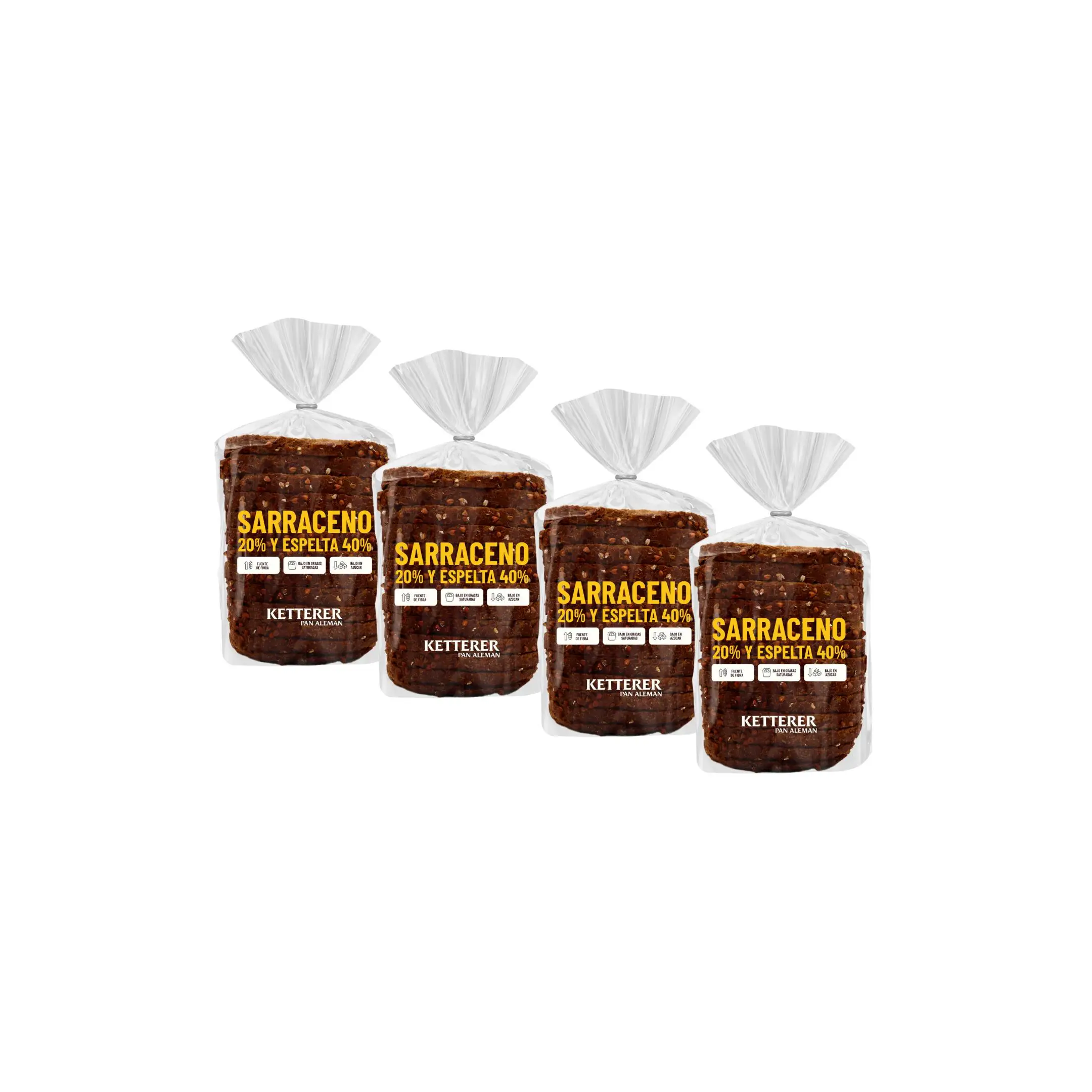PAN DE SARRACENO 20% Y ESPELTA 40% KETTERER (PACK X 4) - ALTO EN FIBRA, BAJO EN AZUCAR Y BAJO EN GRASAS SATURADAS. 450G PACK 4