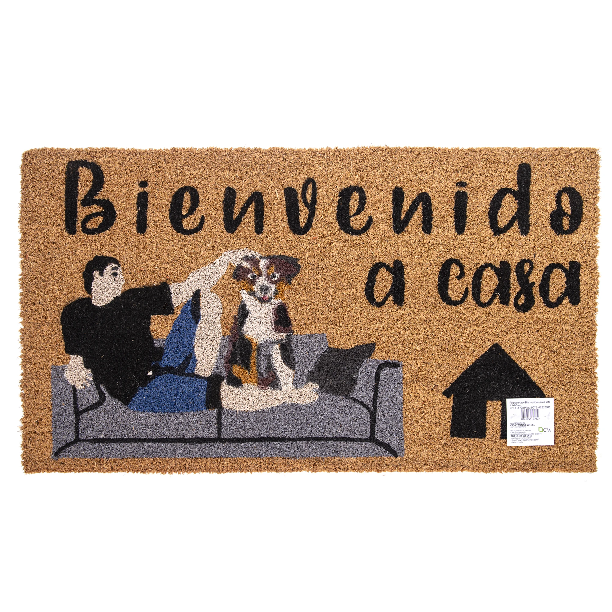 Felpudo de Coco Natural con Base Antideslizante, Absorbente para la entrada de casa, Ideal para Puerta Exterior o Pasillo. Perro en sofá, Bienvenido a casa. 3 tamaños disponibles