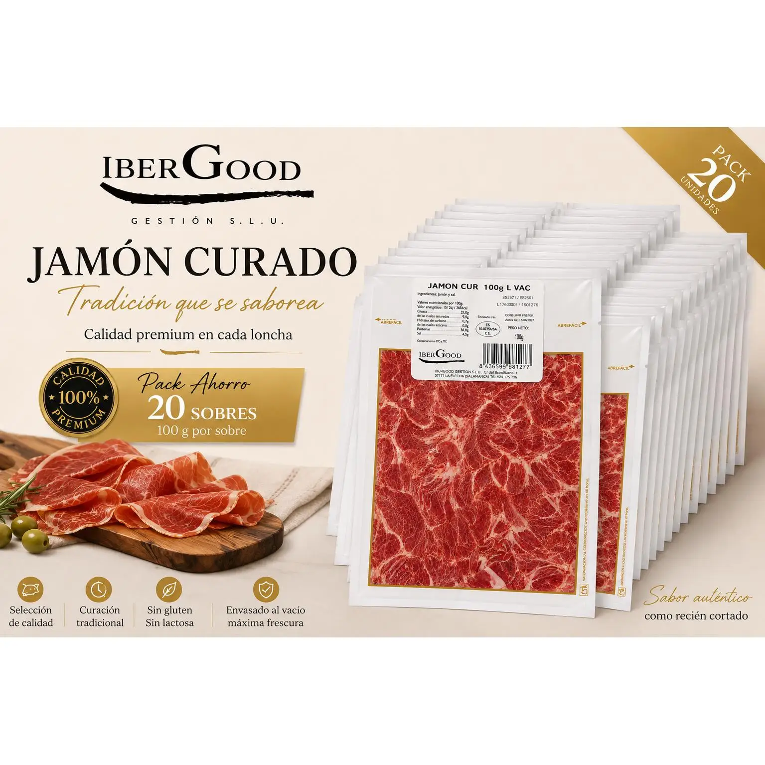 IBERGOOD - Jamón Curado Loncheado IBERGOOD 20x100g – Formato Ahorro de 2 kg, listo para tapas, bocadillos y aperitivos, envasado al vacío con apertura fácil, ideal para uso diario