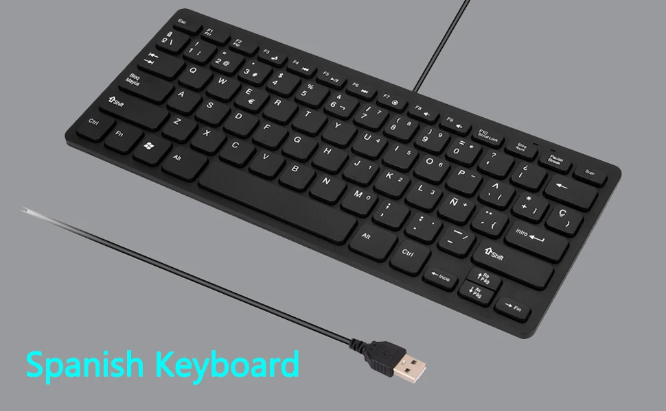 Spanish keyboard with ultra-thin cable, black or black with 78 key usb connection, plug and play, robust and silent portable keyboard for office games