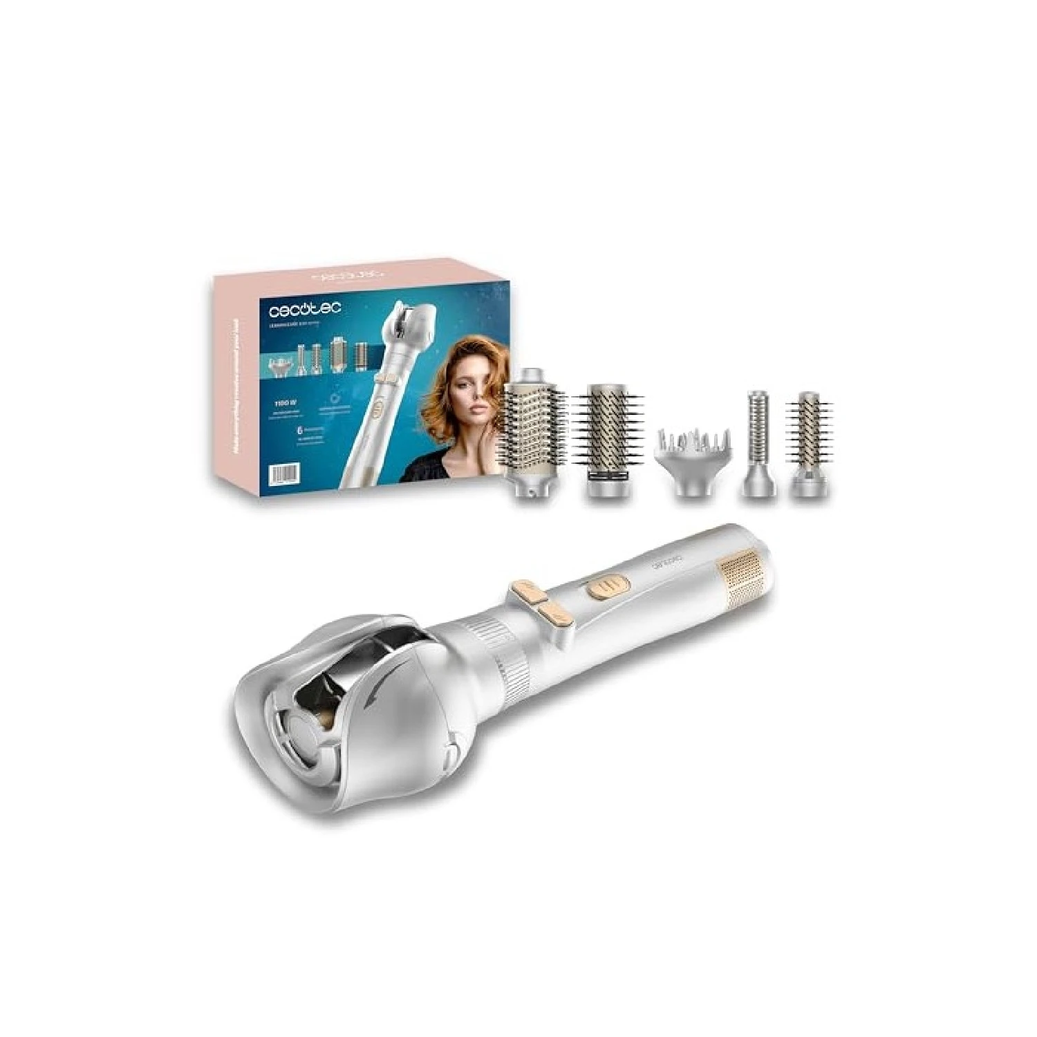 Cecotec Cepillo de Aire 6 En 1 Ceramiccare 6In1 Gyro, Potencia de 1100W, 6 Cabezales, Rizo Automático, Cable 360º, Cerámica