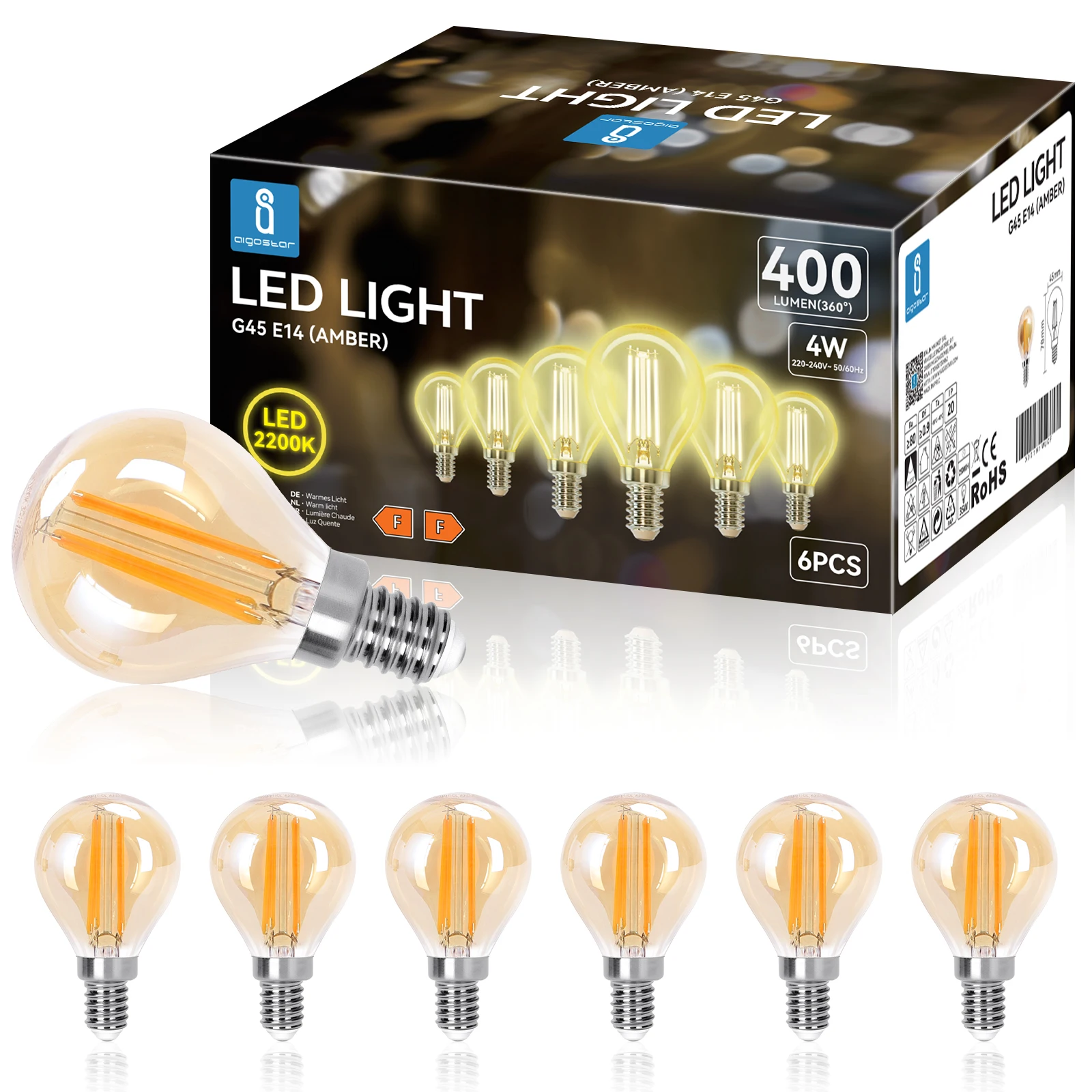 Aigostar G45 Bombillas Filamento Led E14/E27, 2200K/2700K/6500K, 4W/6W/8W, Bombilla retro vintage, No regulable, Pack de 6 Unidades