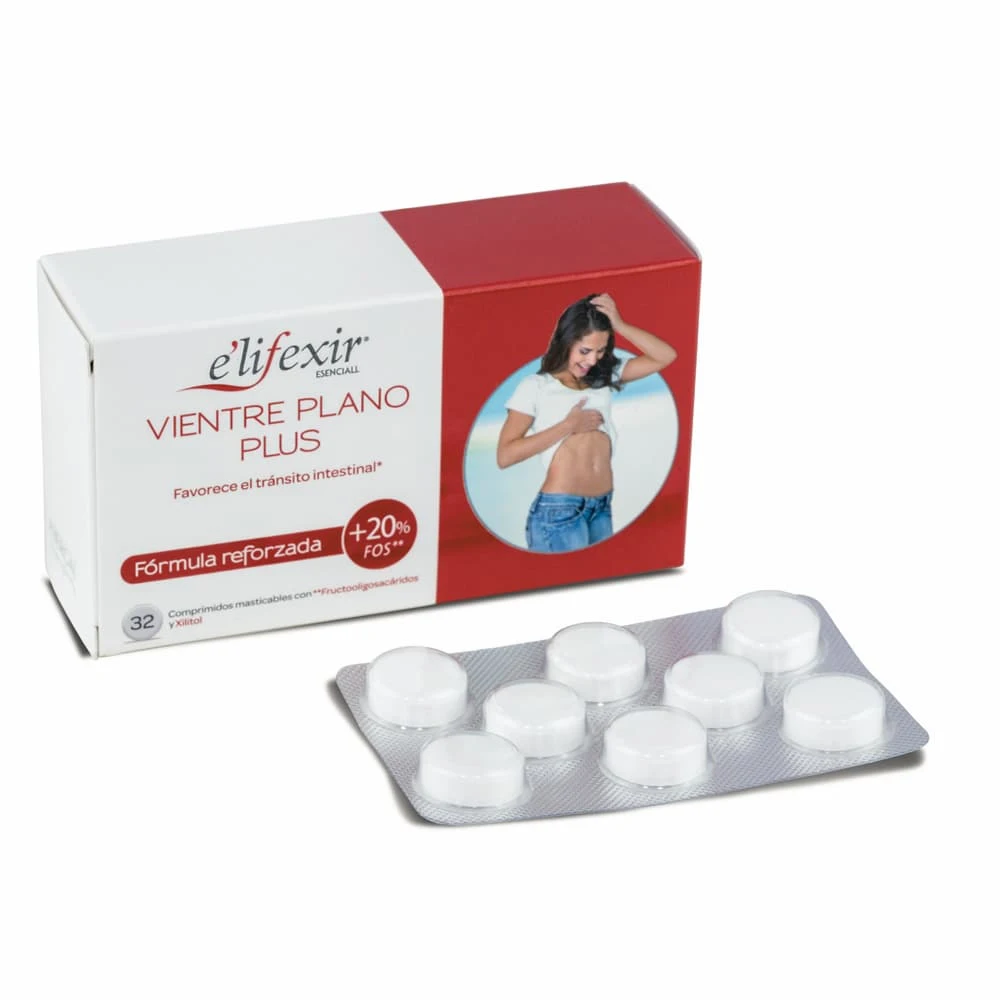 Elifexir Vientre Plano Plus - Comprimidos Masticables para Favorecer el Tránsito Intestinal, Favorece la Microflora, Con Fructooligosacáridos y Xilitol - 32 Cápsulas
