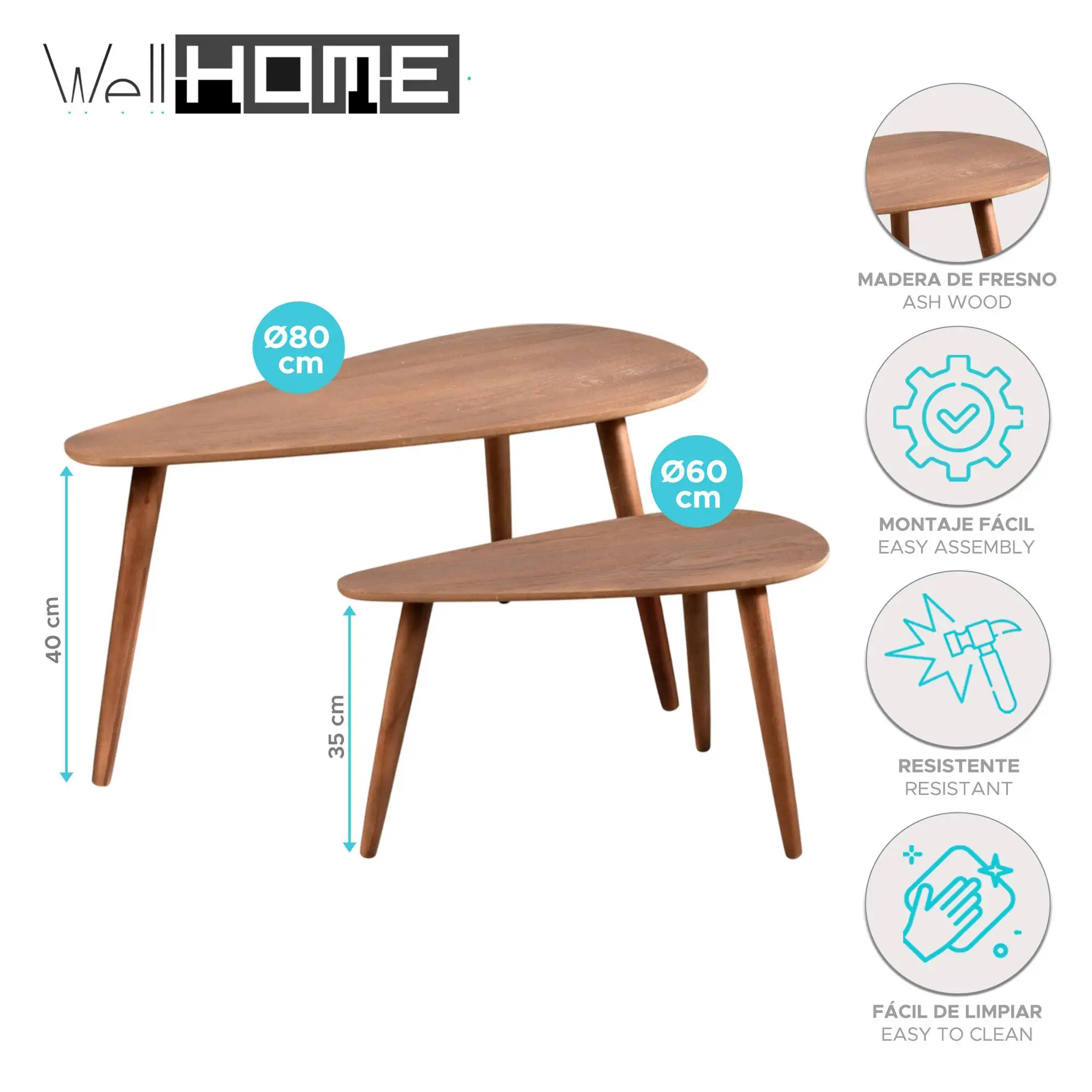 Well home set of 2 drop-shaped side tables, elegant and functional dark walnut color