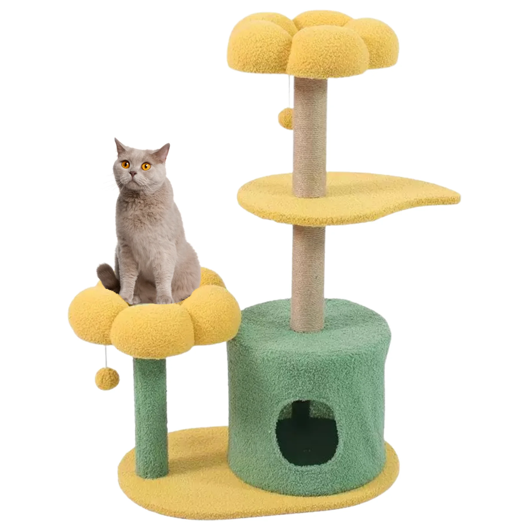Cature,Torre Rascador para Gatos con Diseño de Flor, Casa y Plataformas, Verde y Amarillo, 55*36*89CM