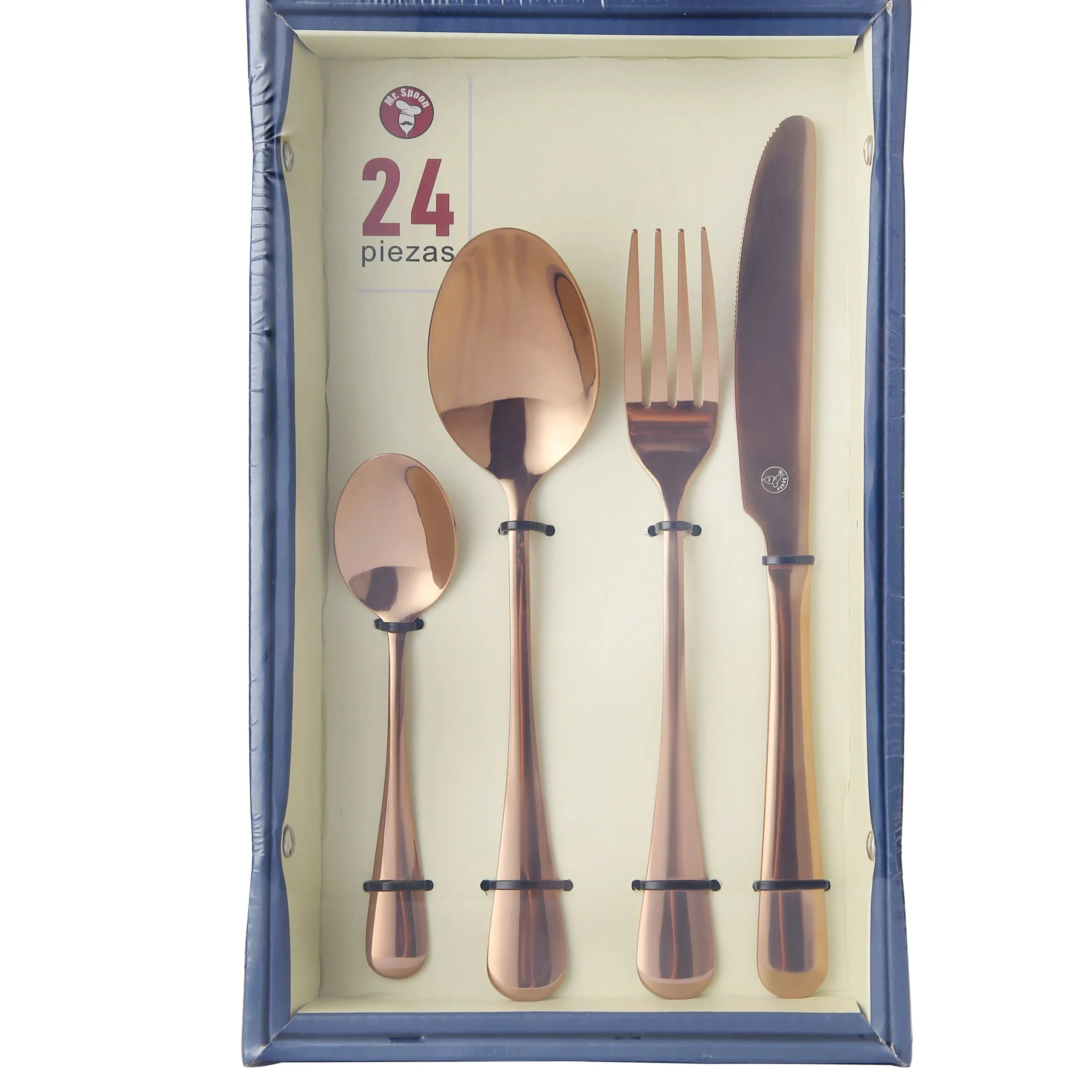 Juego de Cubiertos Mr.Spoon 24 Piezas Acero Inoxidable Oro Rosa para 6 Personas, Incluye Bolsa de Regalo 🍴