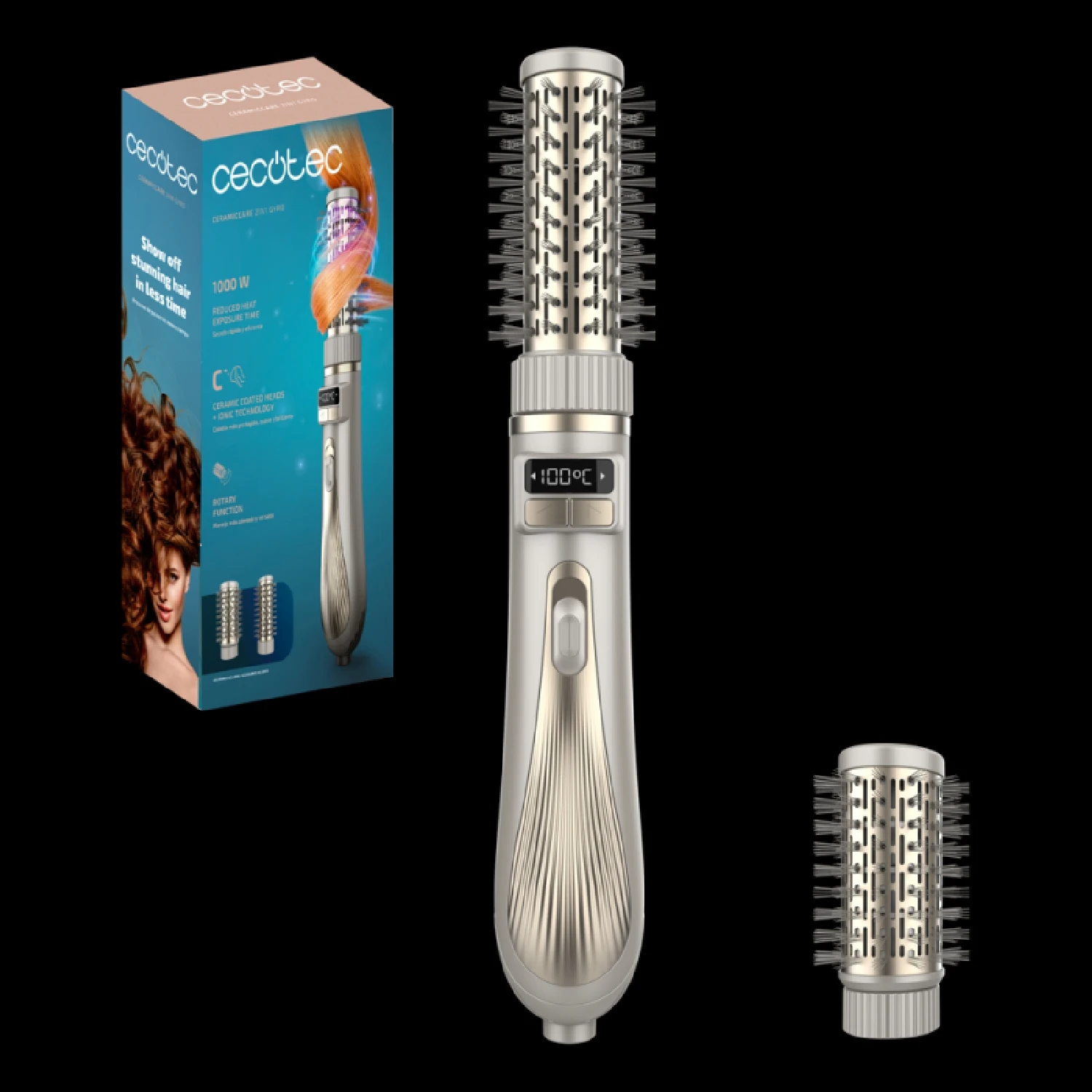 Cecotec Cepillo de Aire con 2 Cabezales CeramicCare 2in1 Gyro. 1000W, Doble Cabezal Cerámico, Función Rotativa e Iónica