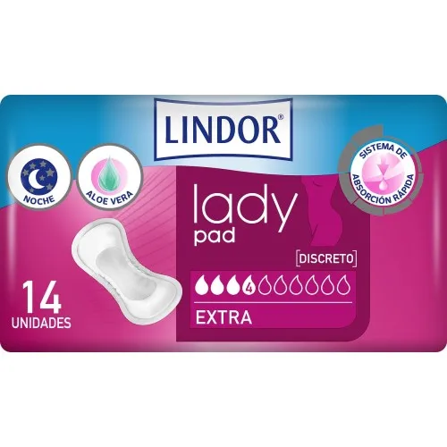 Lindor Lady Pad 4 Gotas 14 Unidades for women, absorbent menstrual pads with 4 drops of protection, ideal for light urinary leakage. #1