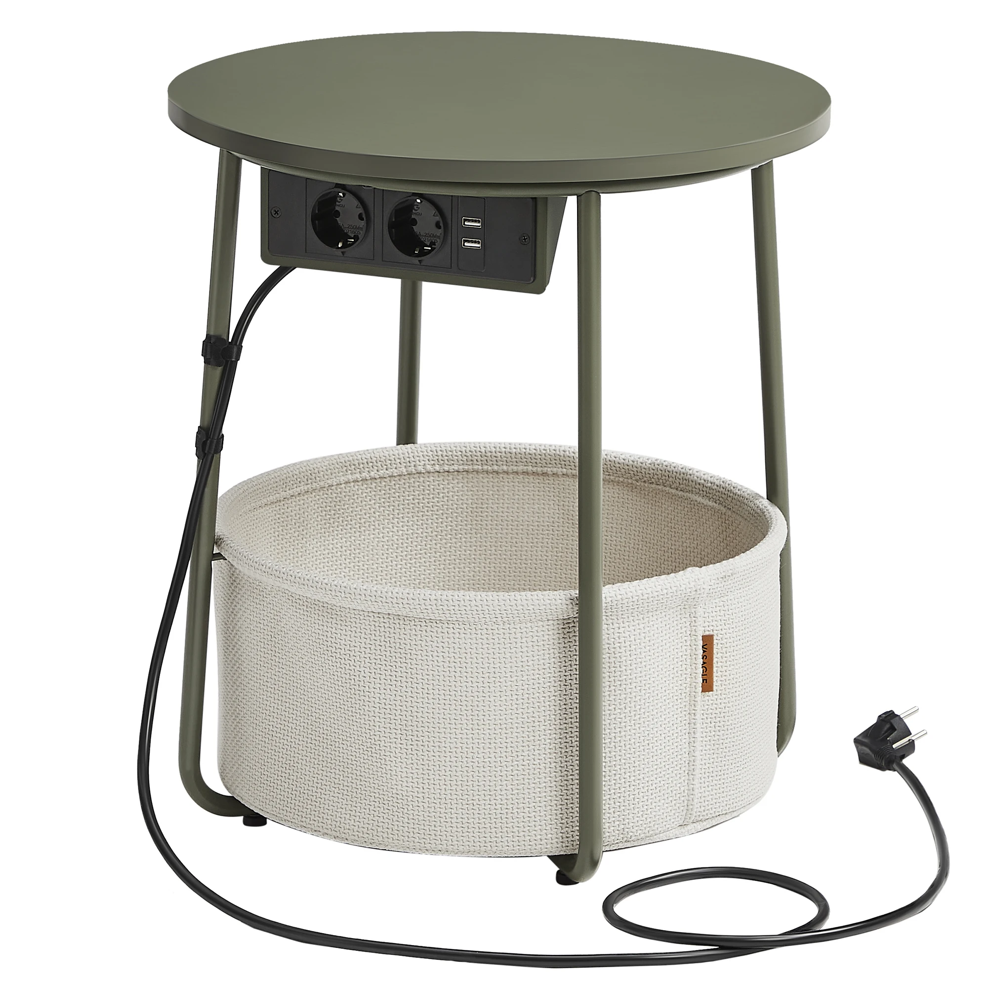 VASAGLE Mesa Auxiliar, Mesa Lateral Redonda con Tomas de Corriente, Espaciosa, para Salón, Dormitorio, Mesita de Noche, Estilo Moderno, Verde Bosque y