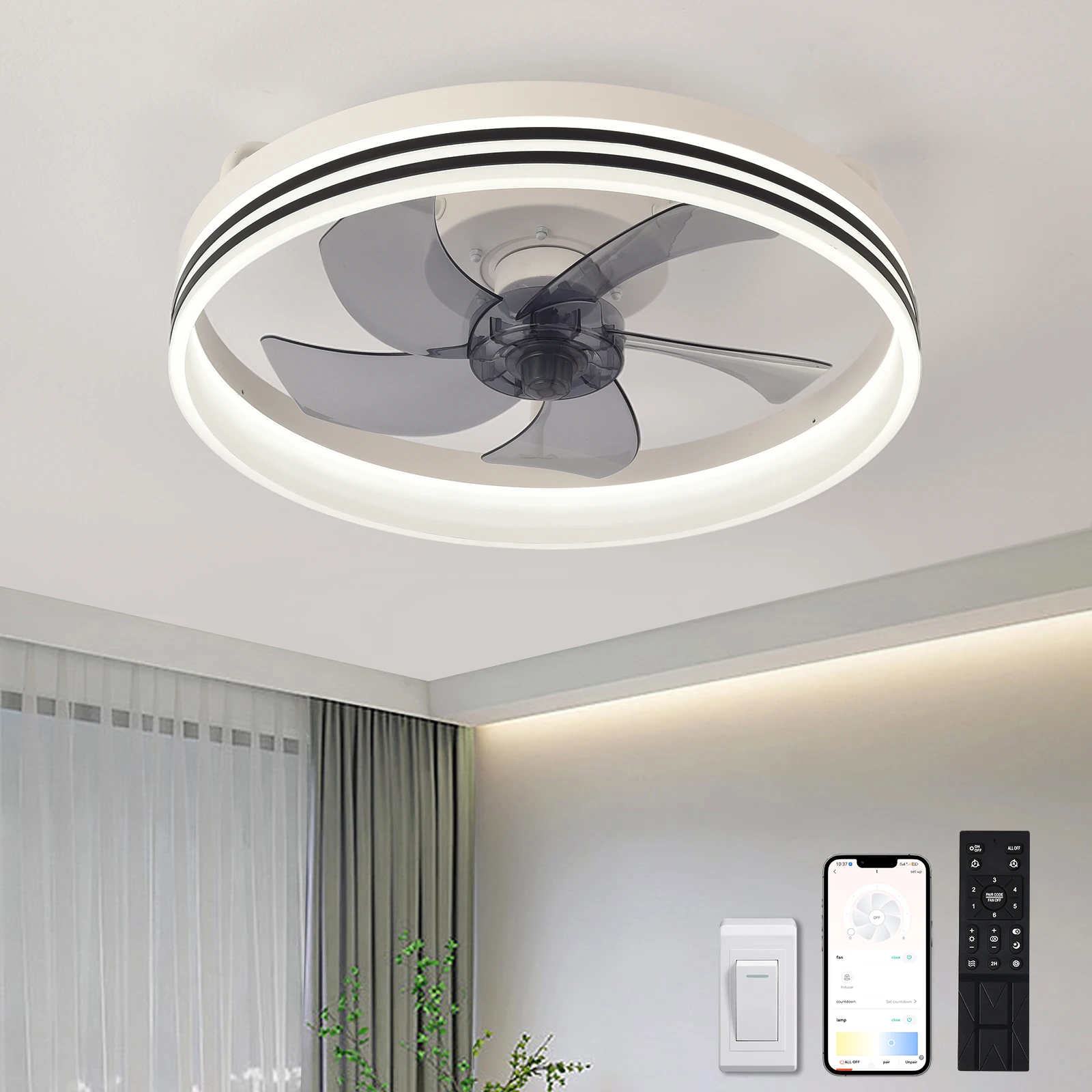 Ventilador de Techo con Luz LED Moderna, Lámpara de Techo Silenciosa con Mando a Distancia, Ventilador Invisible Ultrafino para Dormitorio y Salón, 3 Tonos de Luz y 6 Velocidades