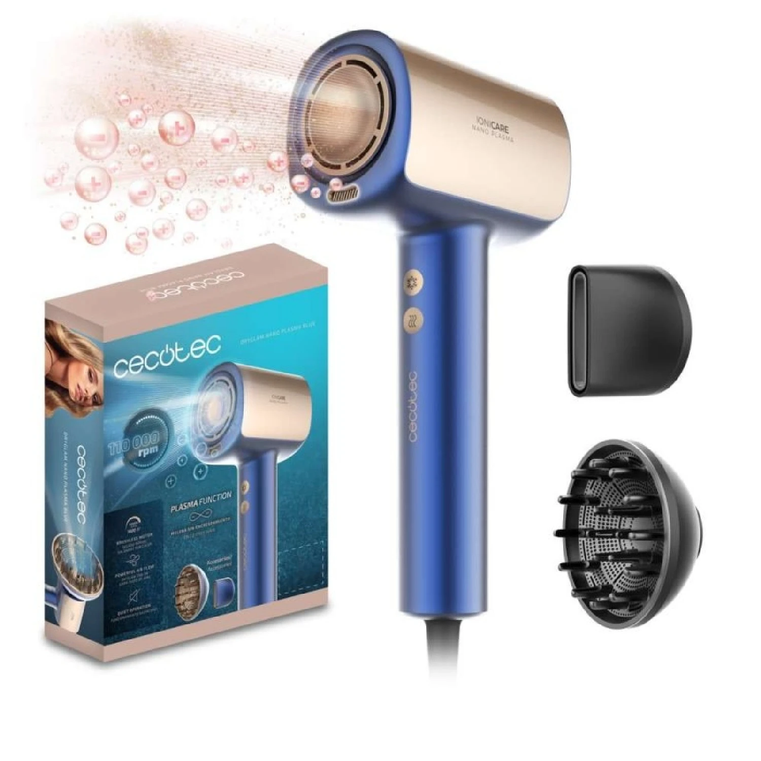 Cecotec Secador de Pelo Brushless de Última Generación DryGlam Nano Plasma Blue. Potencia de 110,000 RPM y 1600W