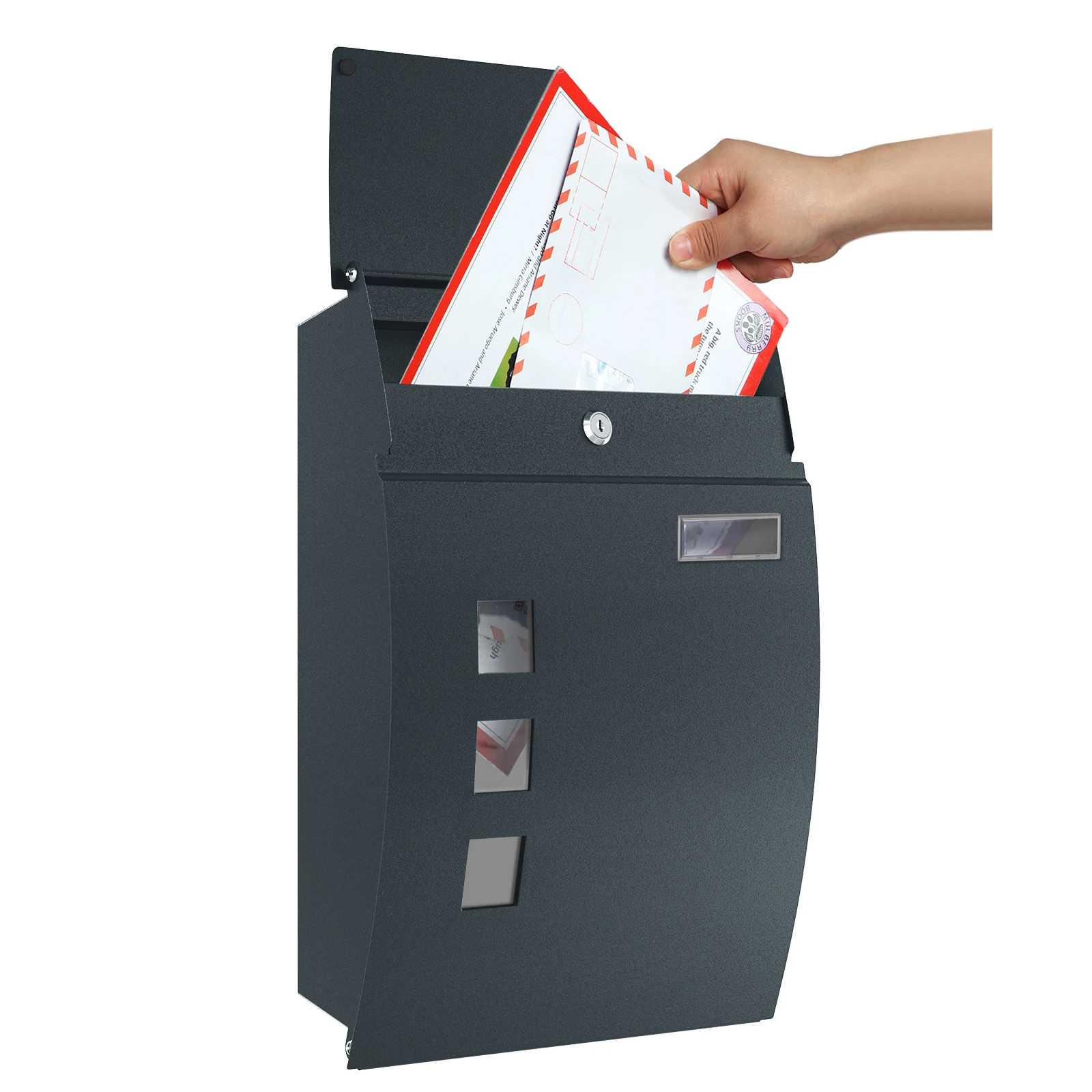 Songmics wall mailbox, with viewing windows, name slot, 2 keys, easy to install, anthracite gray