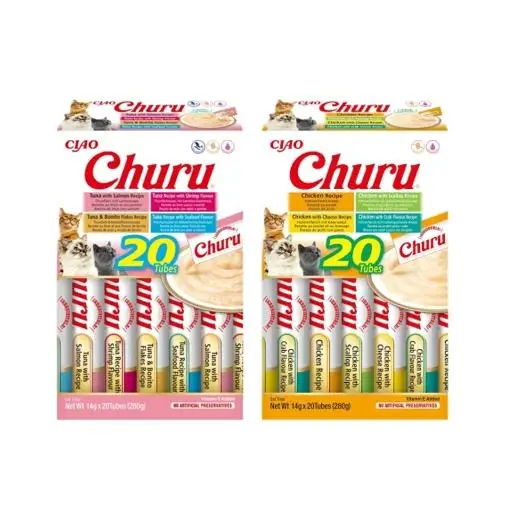 Pack de 2 - Churu Gato Snack Puré Variedades de Pollo y Atún con Marisco  20 Sticks de 14g