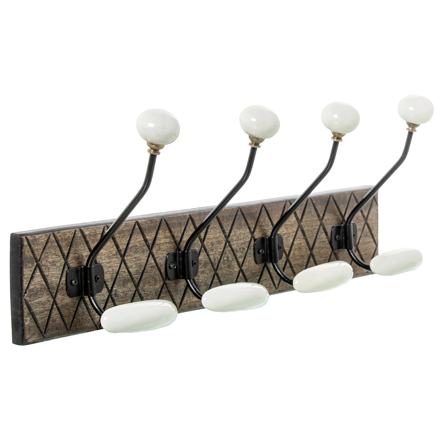 Perchero pared madera mango con 4 ganchos hierro, ceramica 48x14x19cm