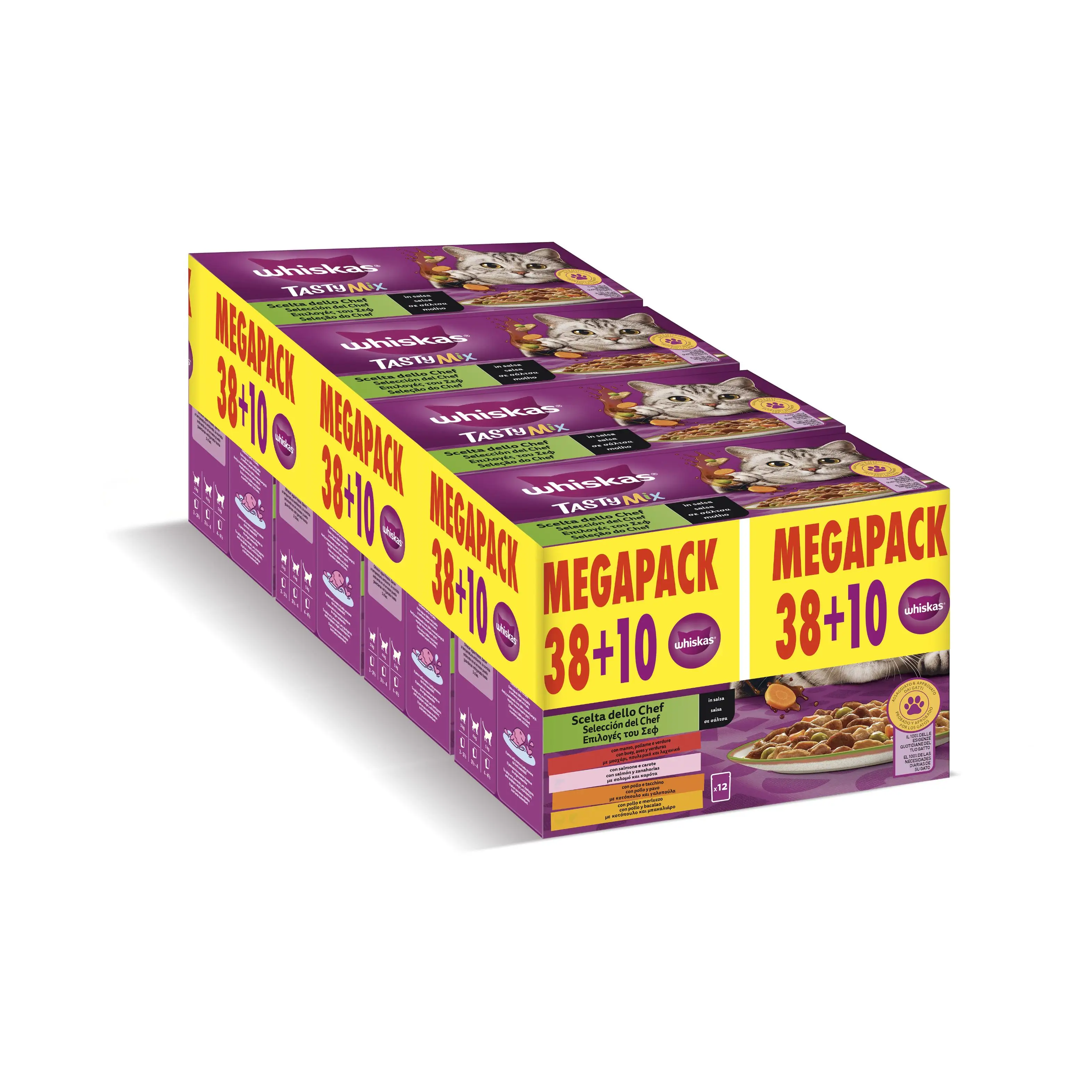 WHISKAS MEGAPACK TASTYMIX CHEF CHOICE WHISKAS COMIDA HÚMEDA TASTY MIX SELECCIÓN DEL CHEF EN SALSA PARA GATOS, PACK DE 48 SOBRES DE 85g