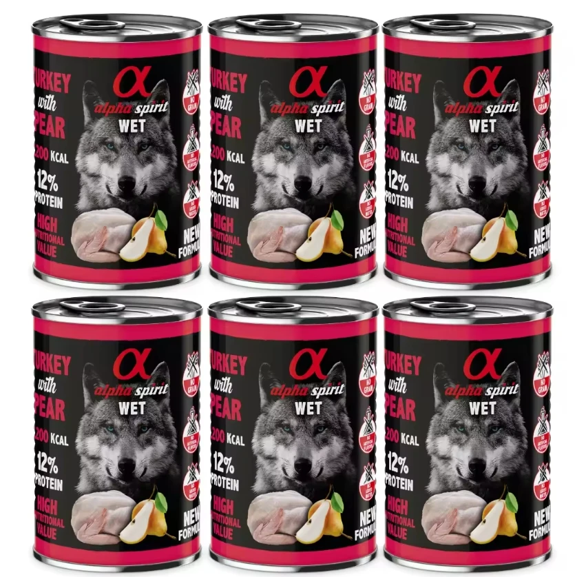 Pack 6 cans x 400 Gr - Alpha Spirit Turkey wet food with pear for dogs