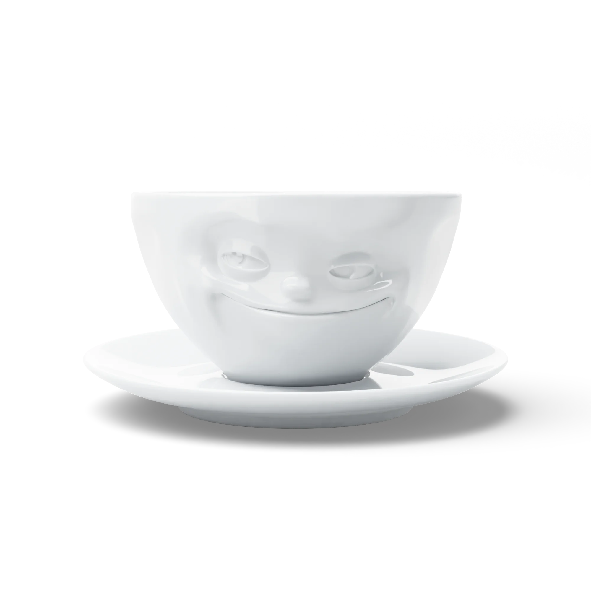 Taza de Café con Leche de Cerámica blanca, con cara Sonriendo en relieve, de la marca 58 PRODUCTS, hecha 100% en Alemania