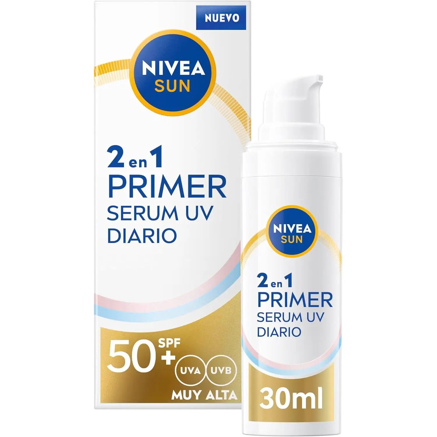 Nivea Sun Primer Sérum UV Diario 2en1, sérum facial con protección solar SPF 50+, protector solar facial que protege y suaviza la piel, con Ácido Hialurónico y Licocalcón A, 1 x 30 ml