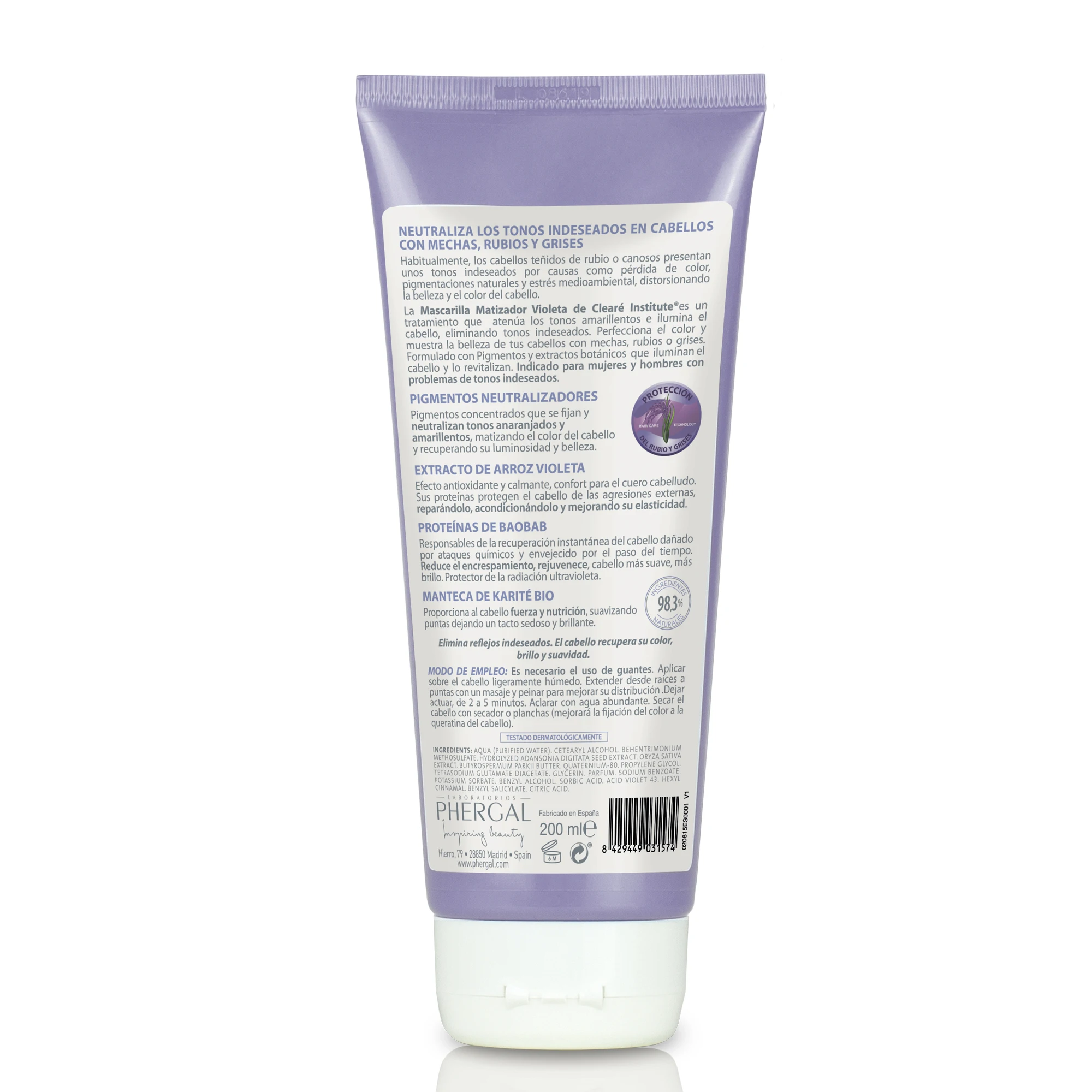 Clearé Institute Violet Toning Mask 5 in 1, 200 ml for blonde, highlighted, or gray hair, neutralizes unwanted orange tones, revitalizes with 98% natural ingredients, enhances shine, and reduces frizz for smooth, beautiful hair.
