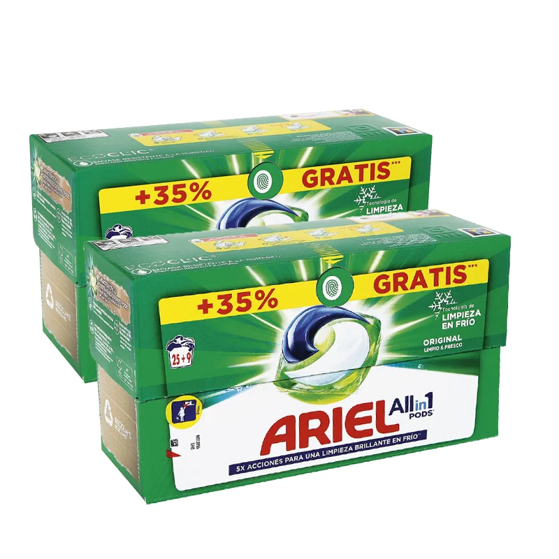 Pack of ARIEL All-in-1: 2 boxes of detergent with 25 + 9 Pods (Total: 68 washes)-Variable packaging design