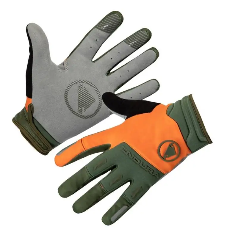 ENDURA | Guantes Largos Cortavientos SingleTrack  Verde y Naranja  - Guantes invernales cortavientos MTB Tejido cortavientos softshell en el revés con protección en nudillos y con forro suave