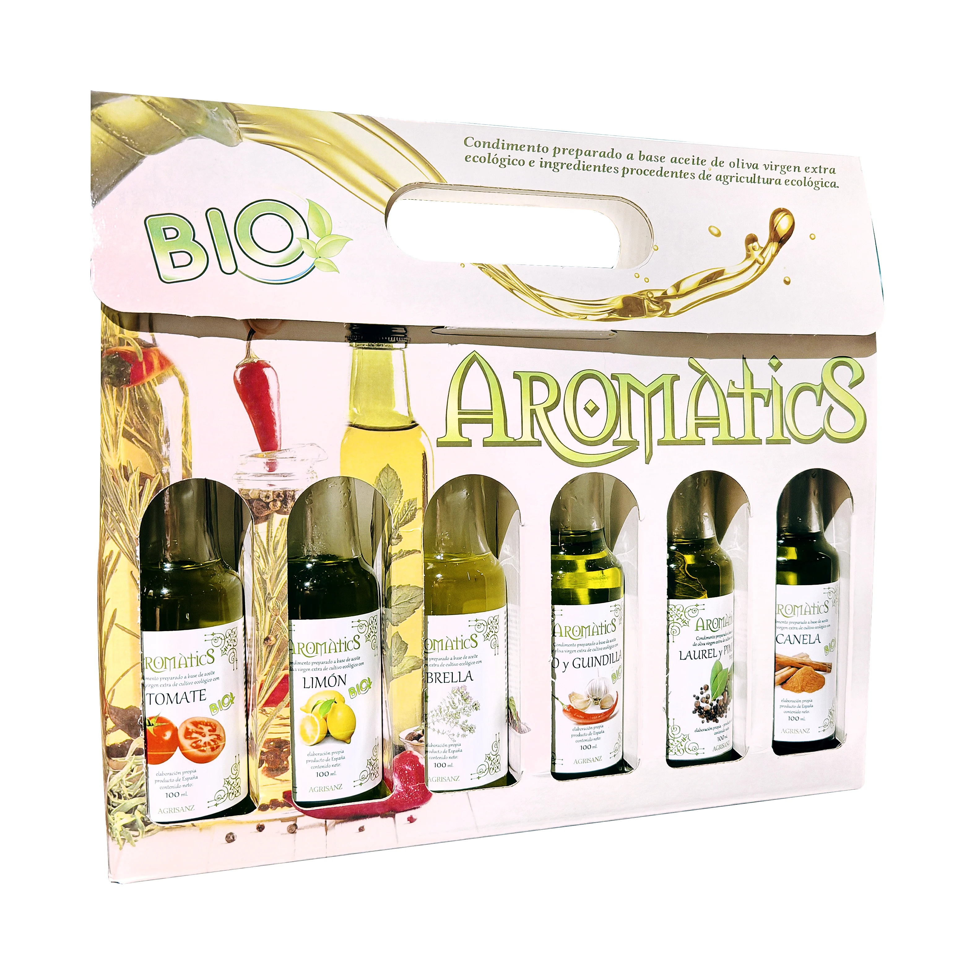 Estuche regalo de aceites aromatizados. 6 botellas de 100 ml. Cultivo ecológico. Agrisanz