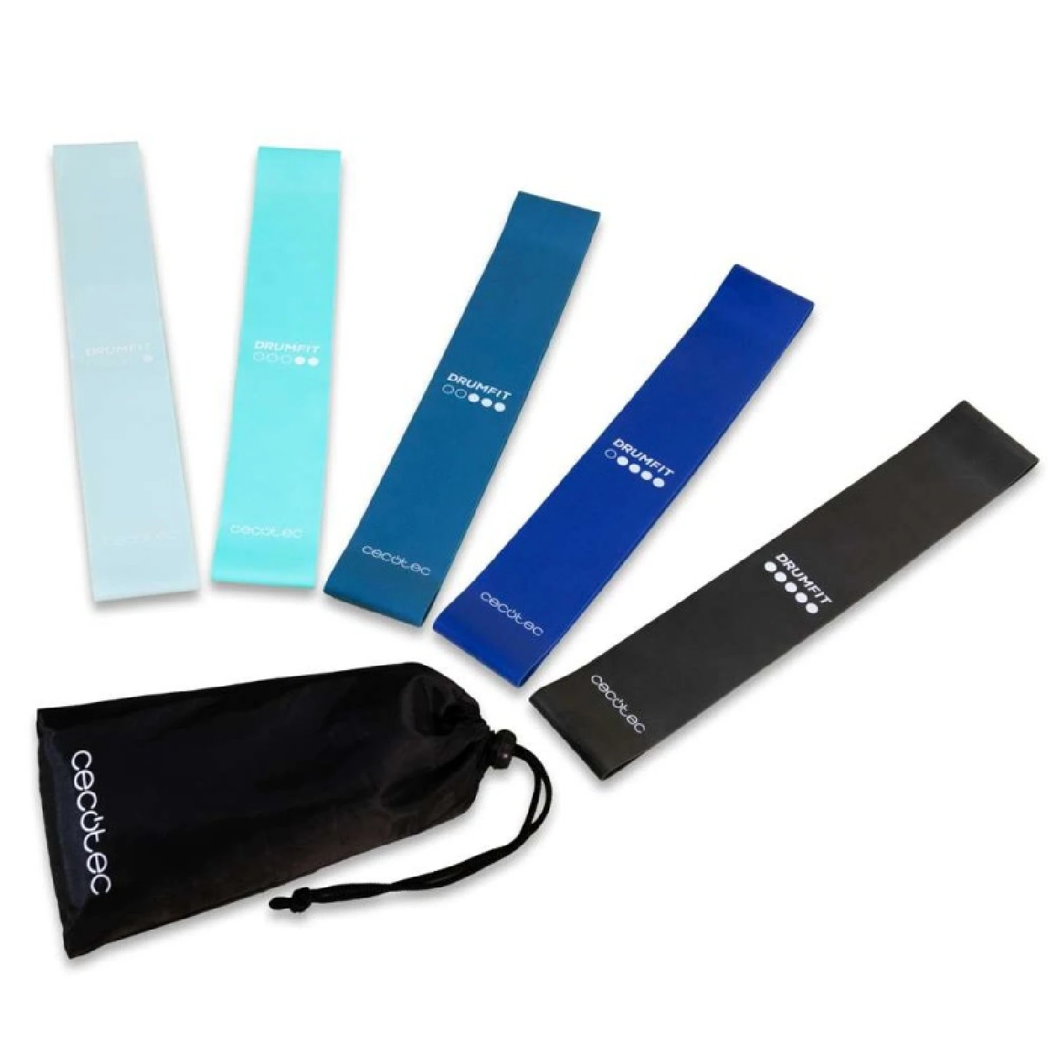 Cecotec 5 Set de Bandas Elásticas DrumFit_Resistance_Band_Set, 5 Niveles de Resistencia de 5 a 18 kg