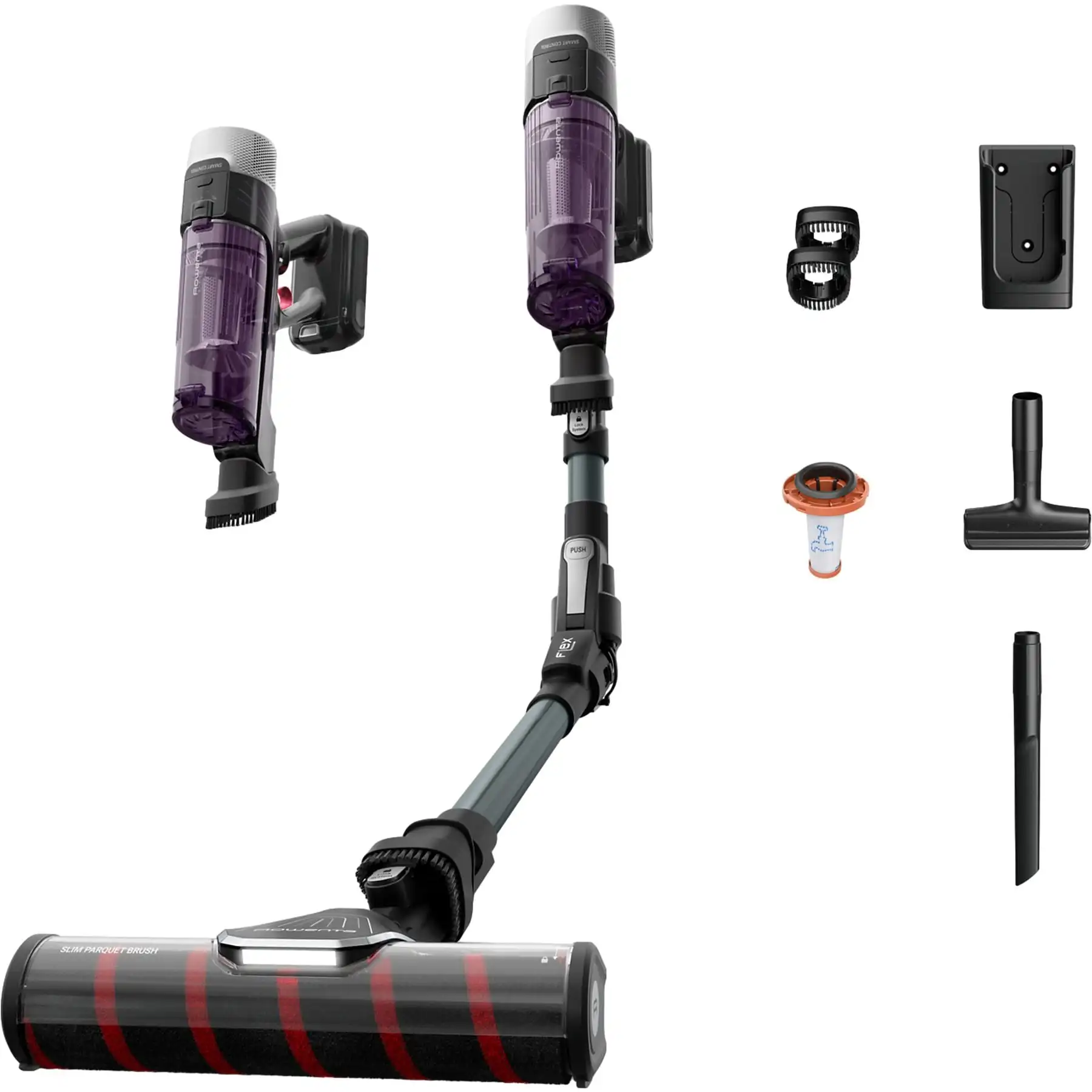 Aspirador escoba Rowenta RH2048WO, XForce Flex 9.60, 100 AW succión, 45 min autonomía, depósito 0,44 L, sin bolsa, pantalla LED, negro